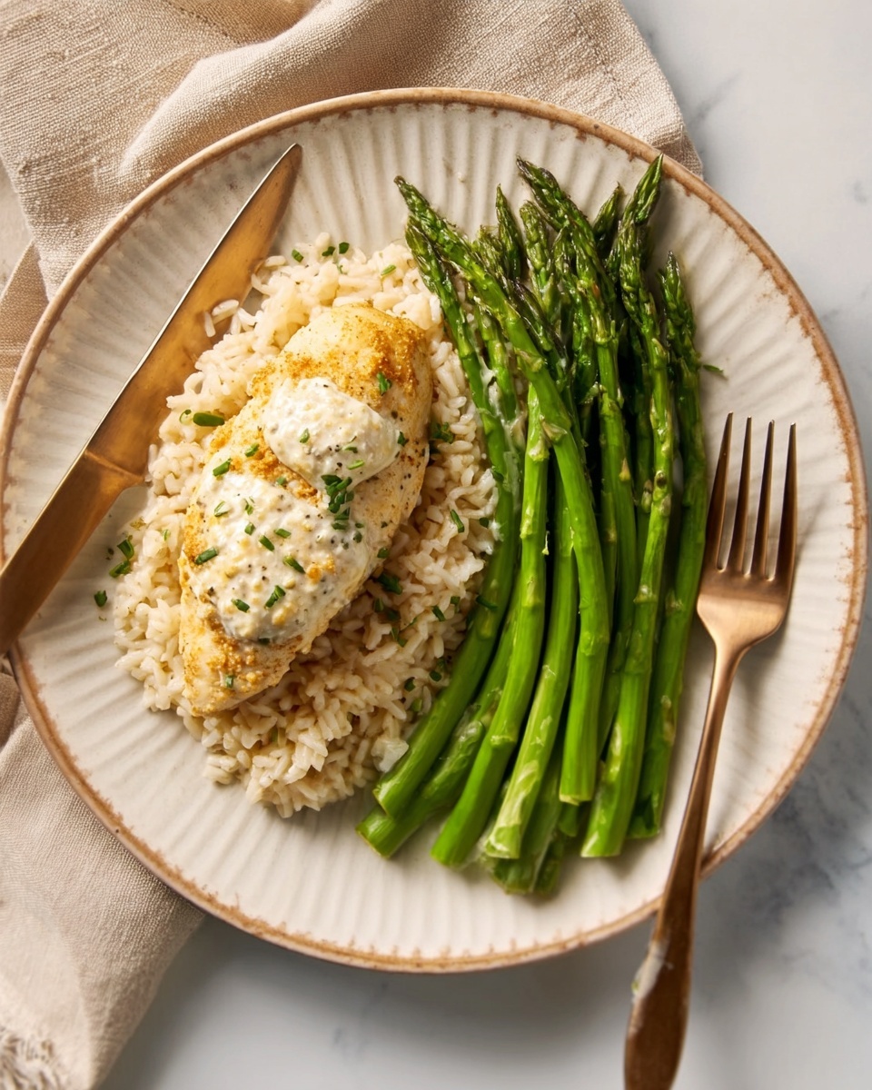 A white plate holds a meal with three layers on the left side and a group of green asparagus on the right. The bottom layer is a bed of creamy rice, light beige in color, slightly textured and spread in an oval shape. Two fried eggs with bright yellow yolks and white edges rest on top of the rice. The asparagus spears are neatly arranged side by side, tall and bright green with a slight shine. A bronze fork rests on the right edge of the plate, its tines touching the asparagus. The plate is set on a white marbled surface with a beige napkin peeking out from the left side. A woman's hand holding a bronze knife is just visible on the left side of the image, near the plate. photo taken with an iphone --ar 4:5 --v 7