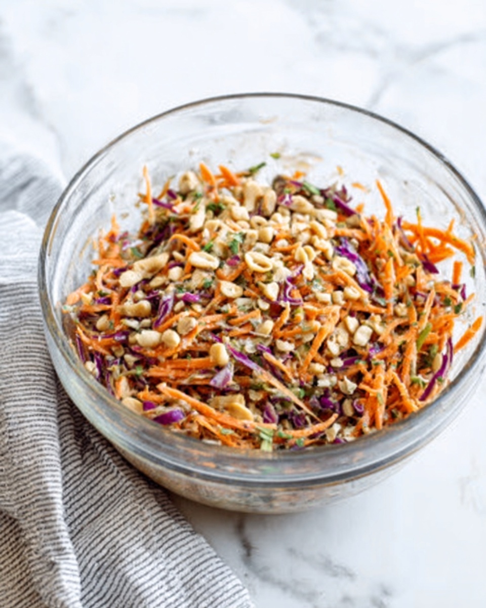 A clear glass bowl is filled with a colorful salad made from thin strips of orange carrots, beige shredded nuts or seeds, and small pieces of purple cabbage mixed with light green herbs or leafy bits. The ingredients are layered loosely, with the carrots and nuts mostly on top, creating a mix of soft and crunchy textures. The bowl sits on a white marbled surface with a striped cloth nearby. photo taken with an iphone --ar 4:5 --v 7