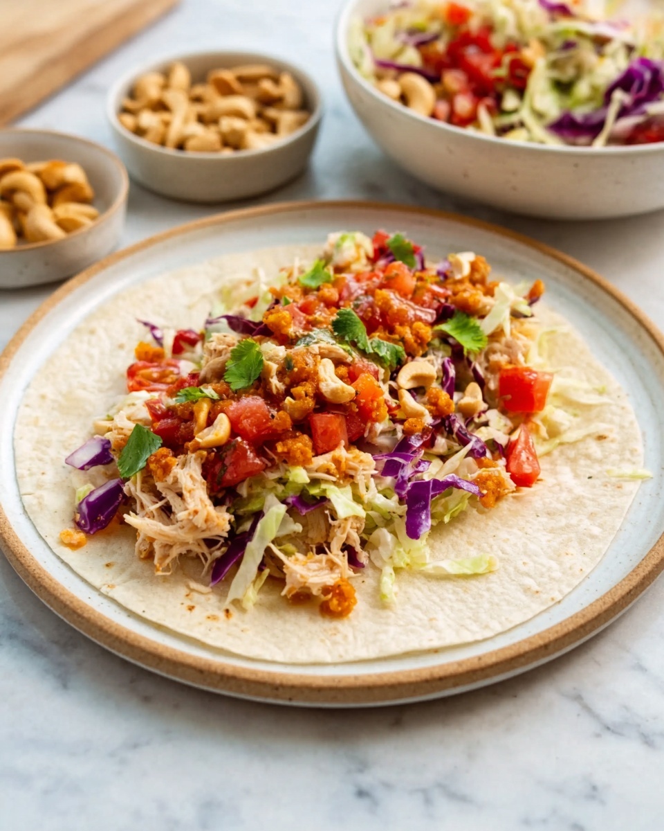 A white plate holds a soft tortilla topped with several layers: the bottom layer is shredded light-colored chicken, followed by chopped red and orange tomatoes, small crunchy orange pieces that look like nuts, finely shredded white cabbage mixed with small bits of purple cabbage, and a few green herbs on top. The plate sits on a white marbled surface. Near the plate, there is a small bowl of cashews and a larger white bowl filled with a similar mix of chopped vegetables and nuts. photo taken with an iphone --ar 4:5 --v 7