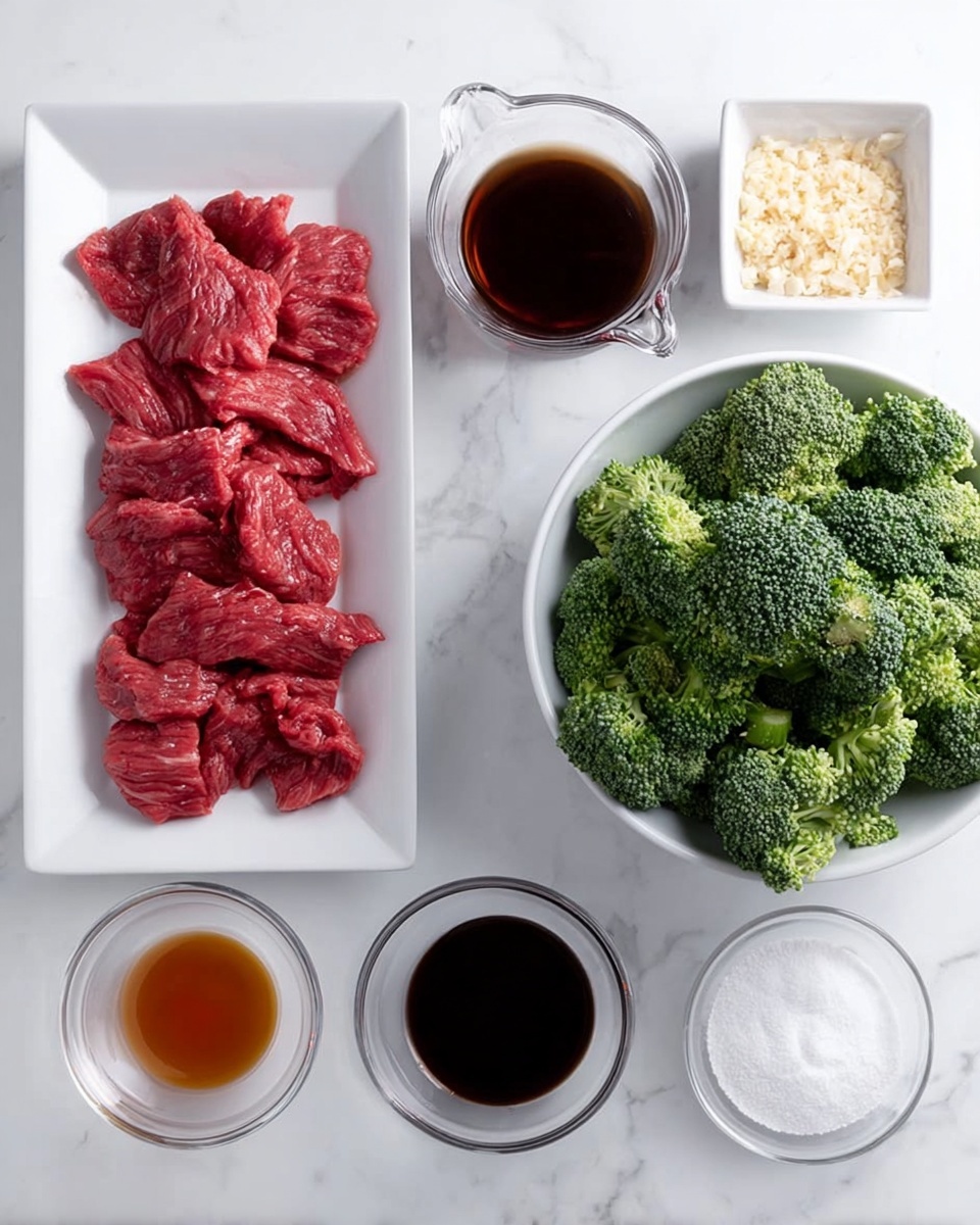A white rectangular plate holds bright red, thinly sliced raw beef strips arranged loosely side by side on a white marbled surface. To the right, a white bowl is full of deep green broccoli florets with textured tops, contrasting with the smooth beef. Above the beef plate is a clear glass measuring cup filled with dark brown liquid sauce, and to its right is a small white square dish with finely minced light yellow garlic. Above the broccoli bowl is a small clear glass bowl of light brown sugar. Below the beef plate is a clear glass measuring cup filled with dark soy sauce and next to it is a small white square dish holding amber-colored liquid. To the right of that, a small clear bowl contains white powder, all placed neatly on the white marbled surface. Photo taken with an iphone --ar 4:5 --v 7