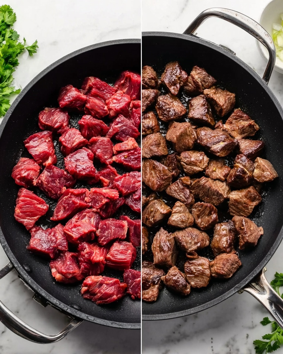 The image shows two black pans side by side on a white marbled surface. The left pan holds many small, raw, bright red beef pieces spread out evenly with a slightly shiny texture. The right pan contains cooked beef pieces that are brown with a seared texture and are also evenly spread out. Both pans have two handles on the sides, and some green herbs and a white bowl are faintly visible near the right pan. Photo taken with an iphone --ar 4:5 --v 7
