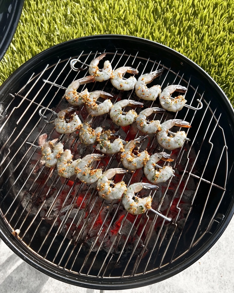 Garlic Herb Grilled Shrimp Skewers Recipe 4 Several skewers of shrimp are placed on a round black grill over glowing red coals. The shrimp are mostly gray with some orange seasoning sprinkled on them and are spread evenly across the grill's metal bars. The grill sits on a green grass surface with the shrimp in different sizes, arranged in a curved shape along the skewers. Photo taken with an iphone --ar 4:5 --v 7
