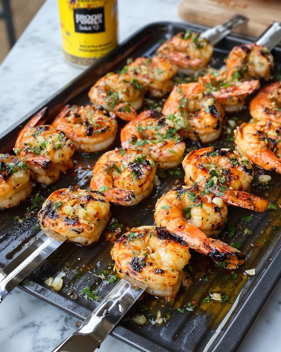 Garlic Herb Grilled Shrimp Skewers Recipe 5 The image shows a black grilling tray with four metal skewers holding large grilled shrimp. Each skewer carries four shrimp that are cooked to a golden-orange color with charred edges and tails still attached, creating a slightly darkened texture at the ends. The shrimp are shiny from a garlic and herb marinade with small white garlic pieces and chopped green herbs sprinkled generously on top and around them. The tray contains a layer of marinade liquid pooling beneath the shrimp, adding a glistening effect. In the background, part of a yellow seasoning jar sits on a brown wooden table next to the tray, all set against a white marbled surface. photo taken with an iphone --ar 4:5 --v 7