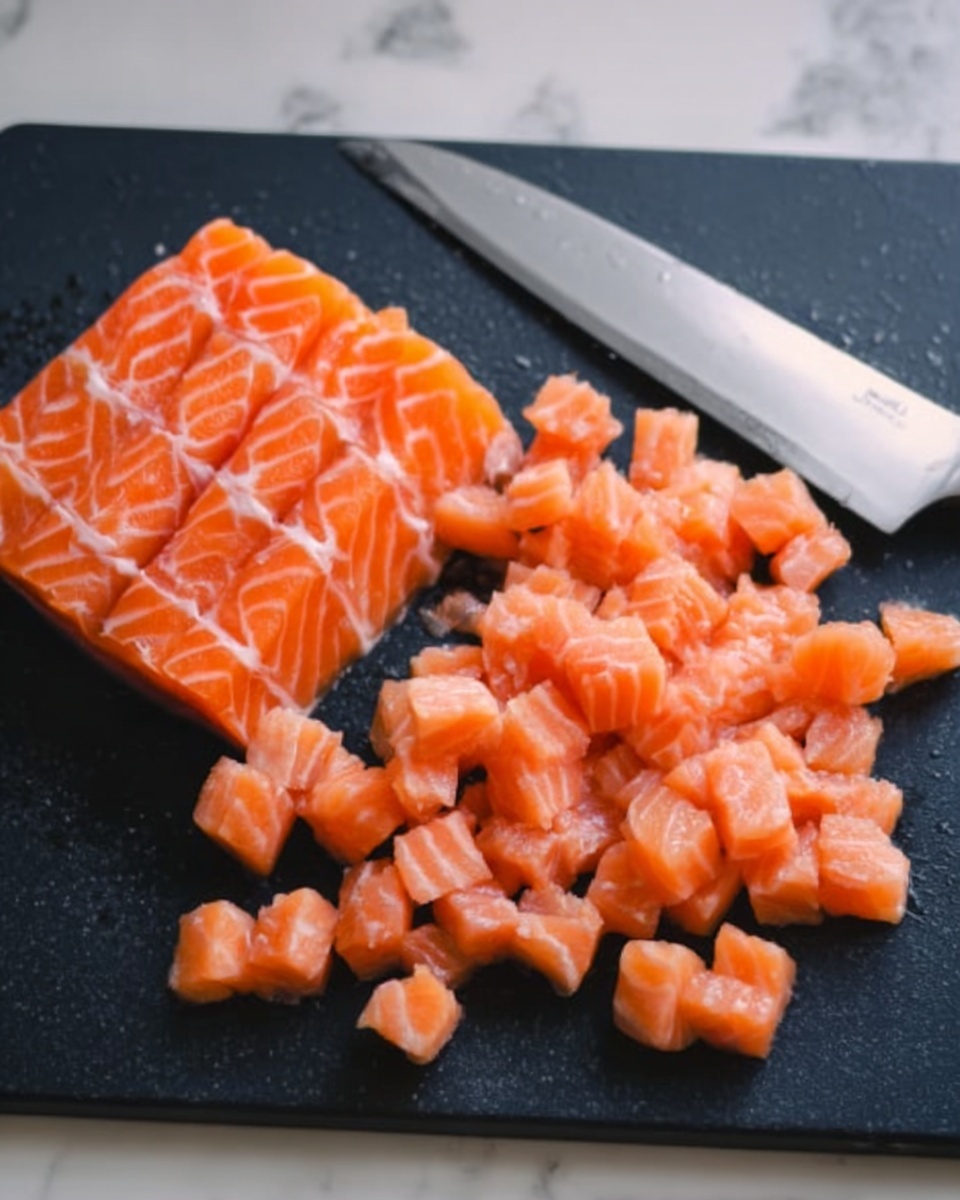 The image shows a close-up of a black cutting board on a white marbled surface. On the board, there is a large piece of orange-pink salmon with white stripes arranged in a neat grid pattern. Next to this piece, there are many small, cube-shaped salmon pieces scattered, showing a fresh and smooth texture. A large kitchen knife with a silver blade and black handle rests on the board, positioned partly underneath the salmon cubes. Photo taken with an iphone --ar 4:5 --v 7