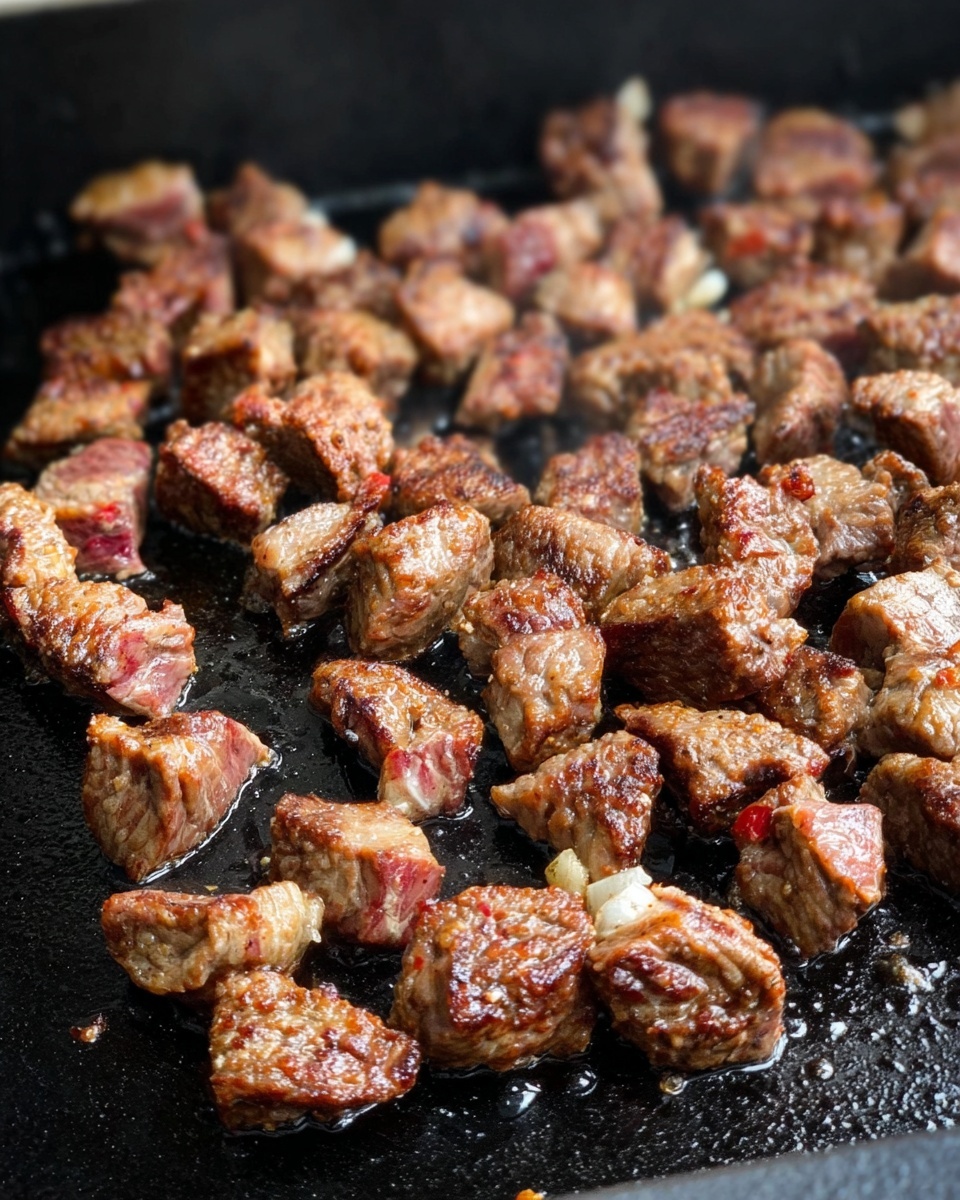 Steak Tacos with Creamy Chipotle Sauce Recipe 4 The image shows many small pieces of meat cooking on a black flat grill. The meat chunks are a mix of brown from cooking and some red where they are less cooked, with bits of white fat visible. The meat is spread unevenly across the grill surface, which has a shiny, oily texture reflecting light. This close-up view highlights the rough texture of the meat and the slight crisping at the edges. Photo taken with an iphone --ar 4:5 --v 7