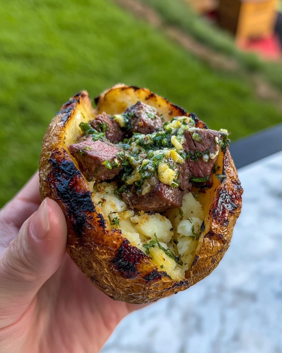 Three baked potatoes with a crispy, browned skin sit in a black pan on a white marbled surface. Each potato is cut open and filled with chunks of grilled beef on top of a soft, creamy potato inside. The beef pieces are dark brown with a slightly charred texture. On top of the beef, there is a drizzle of green herb sauce mixed with bits of red chili flakes and melted butter, adding a shiny and moist look. The filling layers create a rich texture contrast between the smooth potato and the chewy beef. The background includes a blurred black box with some yellow text. Photo taken with an iphone --ar 4:5 --v 7