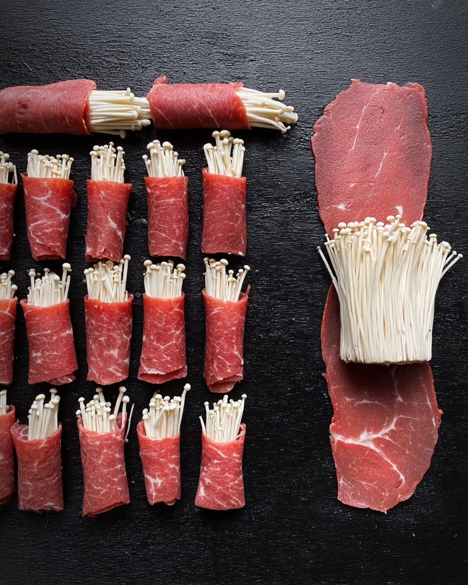 The image shows a black board with thin, wide slices of raw red meat. Each slice is wrapped around a bundle of white enoki mushrooms, forming small rolls with bright red outer meat and white mushroom tips sticking out. On the right side, one roll is in preparation, with mushrooms placed horizontally near the bottom edge of the unrolled meat slice. On the left side, there are several finished rolls lined up in two neat rows. The texture of the meat shows light marbling. photo taken with an iphone --ar 4:5 --v 7