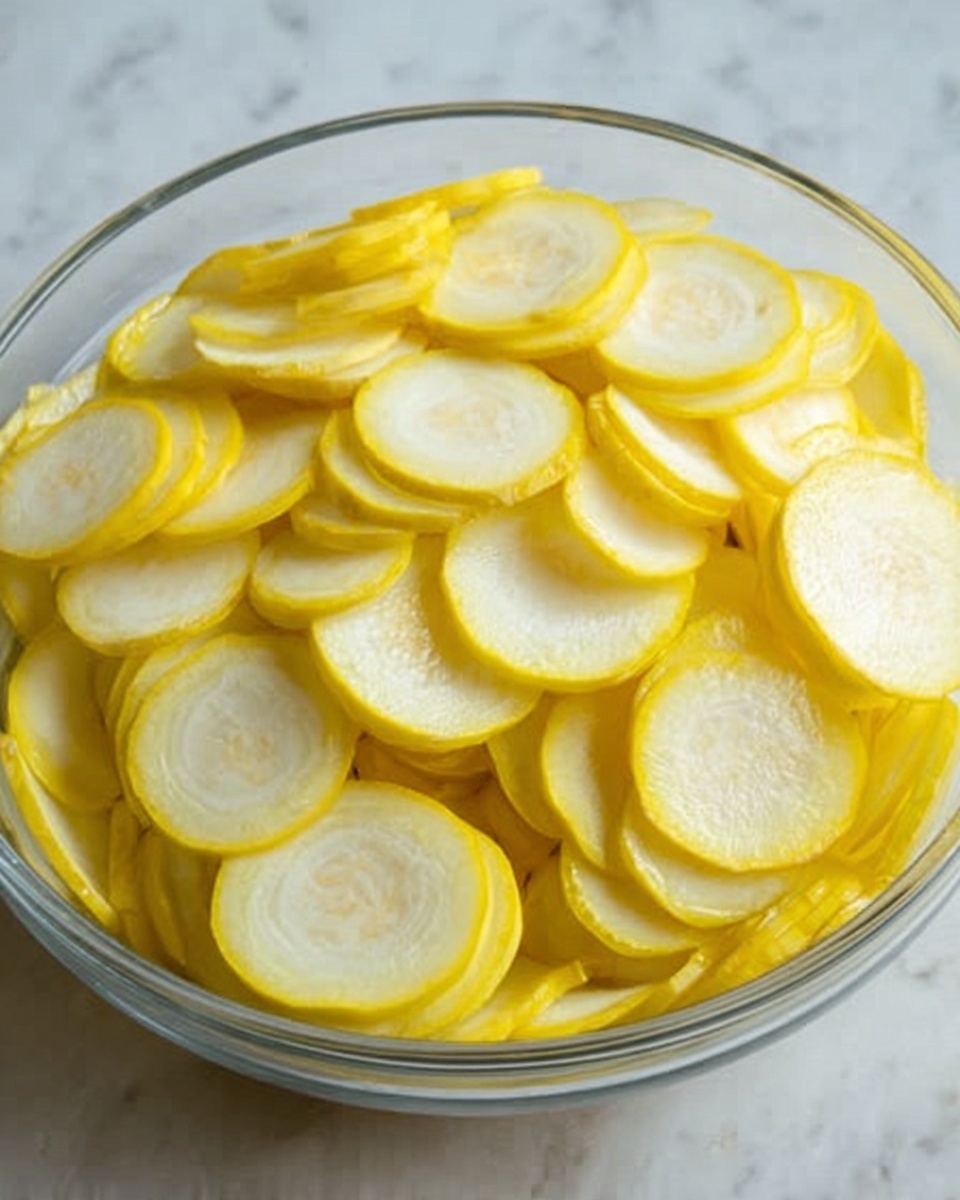 The image shows a clear glass bowl filled with thin, round slices of yellow squash. The slices are light yellow with some soft white parts in the center, layered overlapping each other in even rows filling the bowl. The texture looks smooth and fresh. The bowl sits on a white marbled surface. Photo taken with an iphone --ar 4:5 --v 7