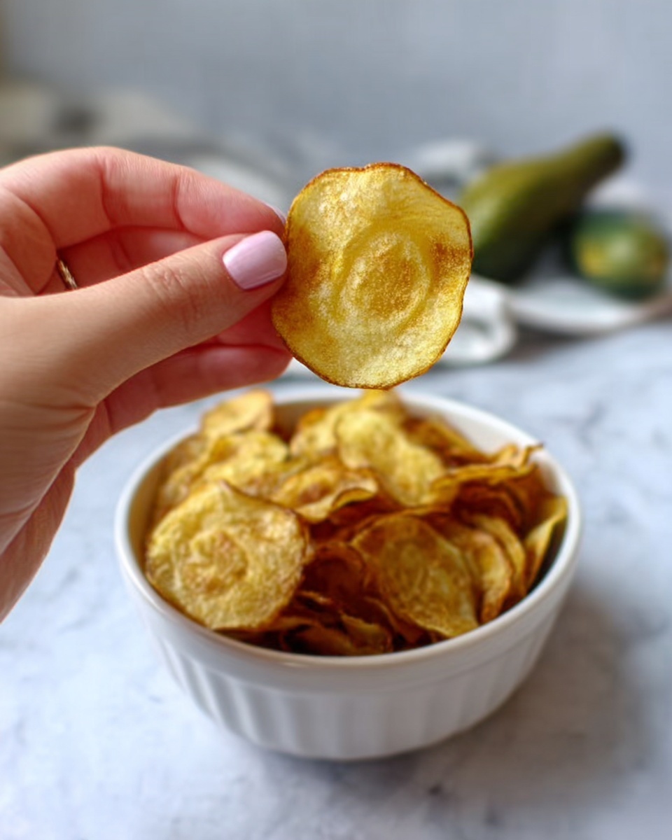 A woman's hand is holding a single thin, round, golden-brown chip with slightly darker edges above a small white bowl filled with similar chips. The chips have a crisp texture and light yellow to brown color shades. The bowl sits on a white marbled surface with some green blurred objects in the background. photo taken with an iphone --ar 4:5 --v 7