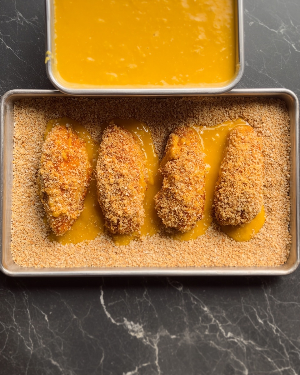 The image shows four pieces of food coated in a wet orange batter, lying on a bed of light brown breadcrumbs inside a metal tray. Above the tray is a shallow container filled with the same orange batter, which has a smooth but slightly thick texture. The food pieces are evenly spaced in a row, with the batter dripping slightly down the sides. The metal tray is set on a dark surface, with a white marbled texture background around it. photo taken with an iphone --ar 4:5 --v 7