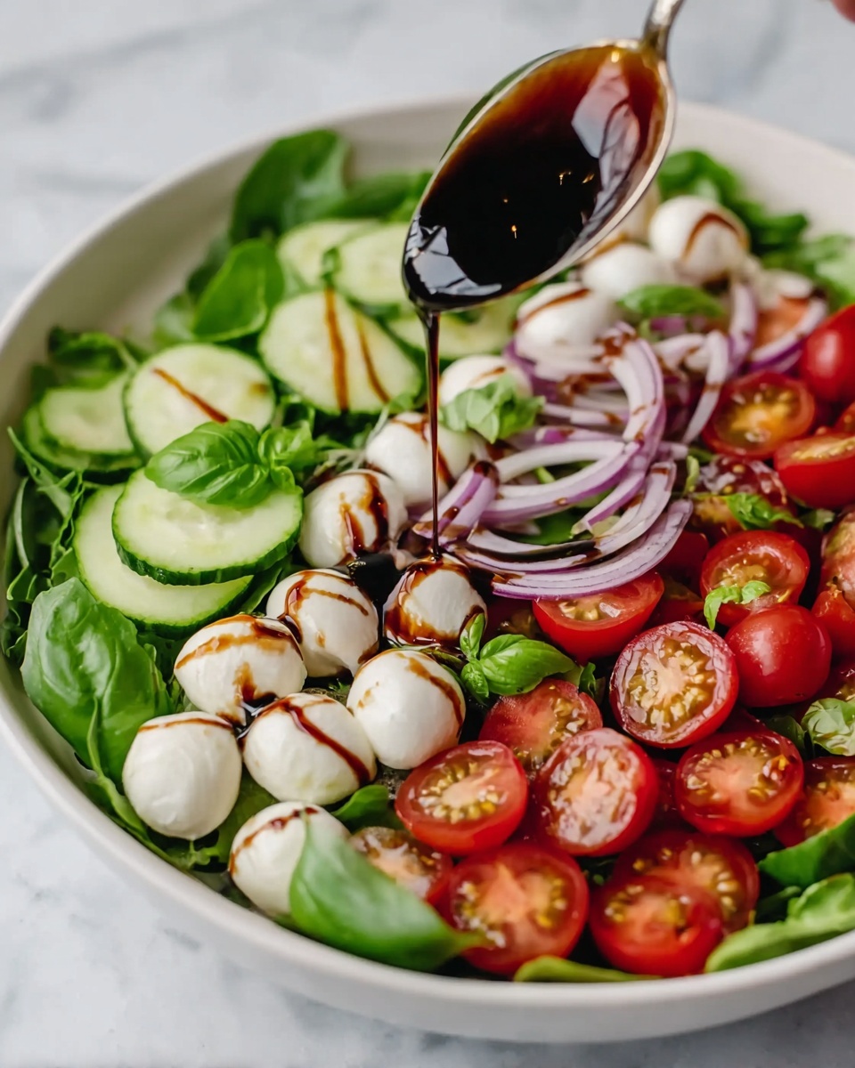 The image shows a fresh salad in a white bowl on a white marbled surface. The salad has a base layer of green leaves. On top, there are three layers: halved red cherry tomatoes, thick green cucumber slices, and white mozzarella balls scattered evenly. There are thin slices of purple onion placed on top among the other ingredients. A spoon held by a woman's hand is pouring dark balsamic glaze over the salad, creating a glossy shine on the vegetables and cheese. Fresh green basil leaves are scattered on top, adding a touch of brightness. The photo taken with an iphone --ar 4:5 --v 7
