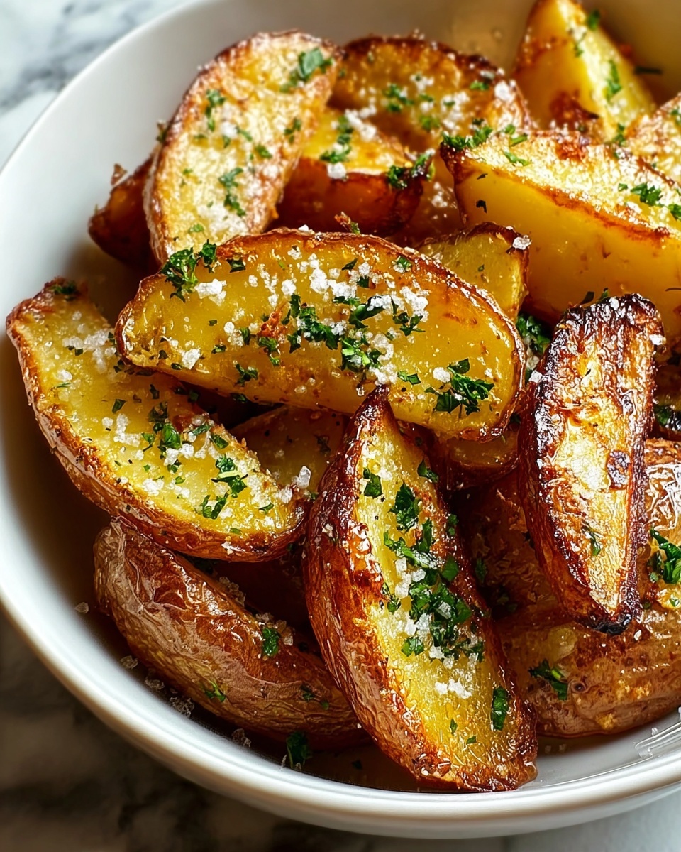 The image shows a white bowl filled with golden brown roasted potato wedges. Each wedge has a crispy, browned outer layer with a soft, yellow inside. The potatoes are sprinkled with small green herb pieces and coarse white salt. The bowl sits on a white marbled surface. photo taken with an iphone --ar 4:5 --v 7