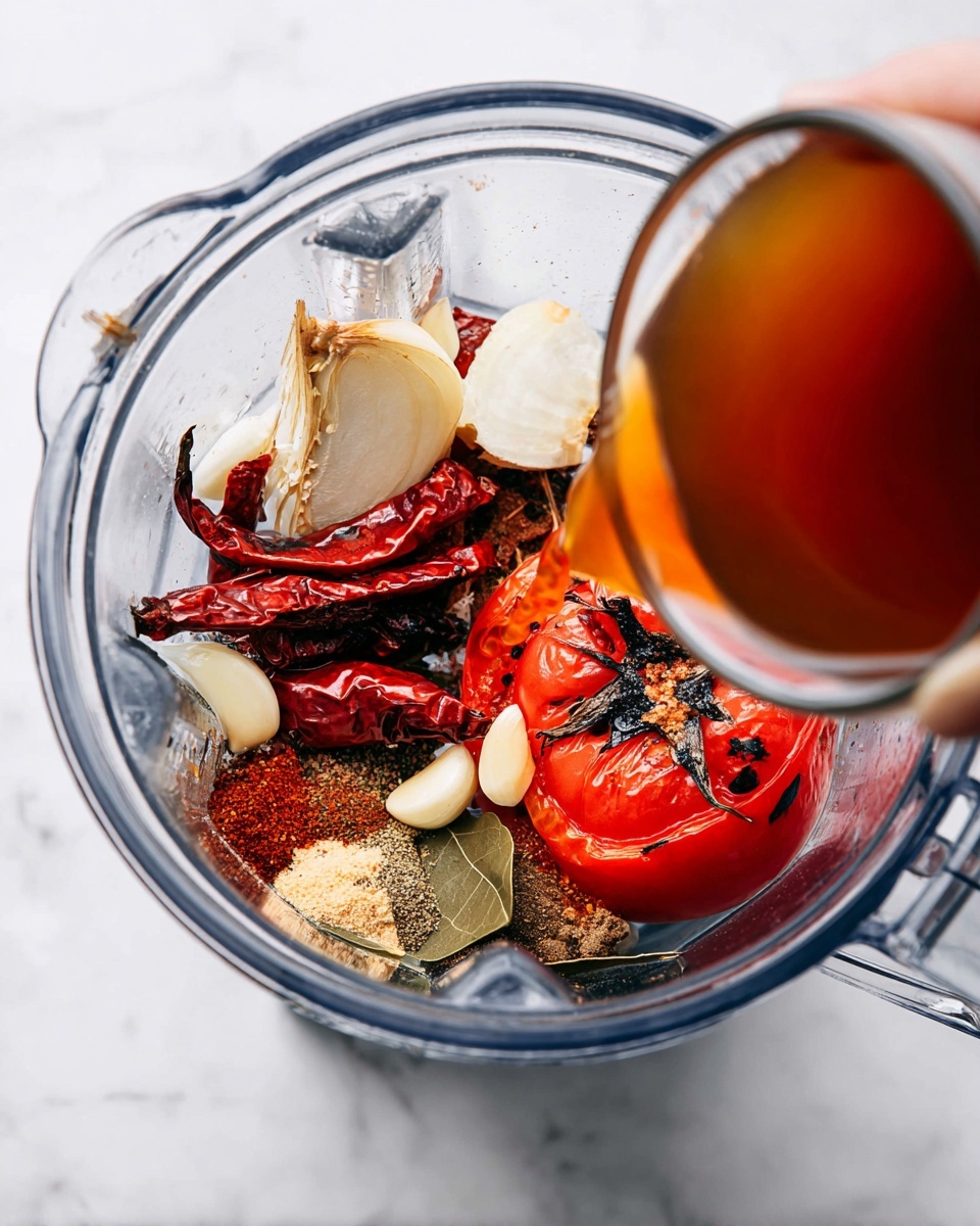 A clear blender bowl sits on a white marbled surface, filled with vibrant ingredients arranged in layers. At the bottom, there are several dried red chili peppers with smooth, deep red skins. On top of them lie whole garlic cloves with a slightly roasted brown color, and a chunk of white onion with slightly charred edges. Resting above the vegetables is a bright red roasted tomato with blackened spots, adding a bold contrast. Scattered around the vegetables are various ground spices in light brown and tan shades, along with some green leaves. A cup with amber liquid is being poured into the blender from the right side, with a woman's hand holding the cup. photo taken with an iphone --ar 4:5 --v 7