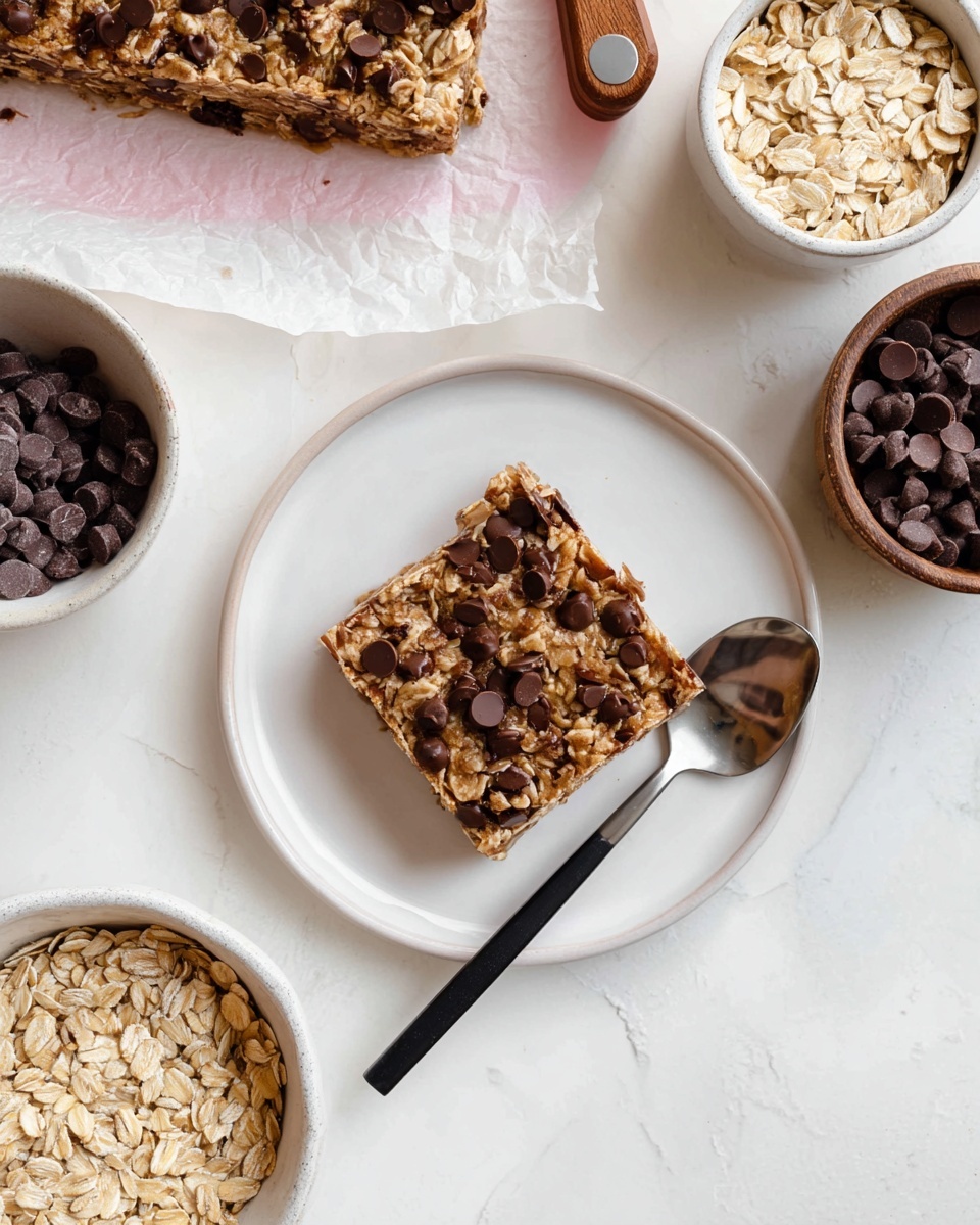 Banana Oatmeal Chocolate Chip Bars Recipe 5 A square oat and chocolate chip bar with a textured layer of oats and scattered chocolate chips on top, set in the center of a white round plate. A sleek spoon with a black handle and silver scoop rests diagonally beside the bar on the plate. Nearby, a white bowl filled with whole oats and another white bowl filled with dark chocolate chips sit against a white marbled surface. In the top left corner, a rustic square oat and chocolate chip bar is partially shown on parchment paper, with a knife that has a pink handle resting on the paper. Photo taken with an iphone --ar 4:5 --v 7