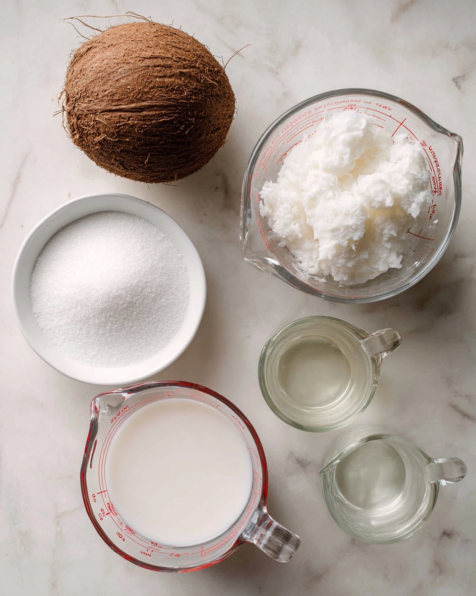 The image shows a white marbled surface with five items arranged on it: a whole brown coconut with rough texture on the top left, a white bowl filled with white granulated sugar on the bottom left, a glass measuring cup with chunky and soft white coconut pulp on the top right, a glass measuring cup filled with smooth white coconut milk below the coconut pulp, and a smaller glass measuring cup filled with clear pale liquid at the bottom center. Each measuring cup has a handle and red measurement marks, and the items are spaced evenly. photo taken with an iphone --ar 4:5 --v 7
