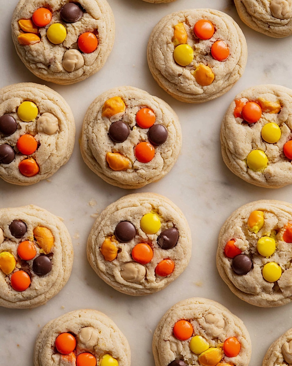 The image shows a tray with 24 cookie dough balls arranged in four rows by six columns. Each cookie dough ball is light brown and studded with colorful candy pieces in orange, yellow, dark brown, and light tan, scattered evenly on the surface. The cookie dough balls have a soft, slightly crinkled texture with visible candy pieces embedded. The tray is metal and lined with a white parchment paper underneath the dough balls. The entire setup is placed on a white marbled surface. photo taken with an iphone --ar 4:5 --v 7