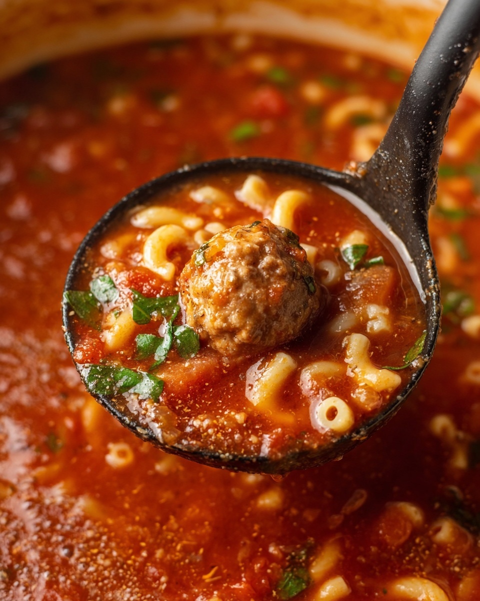 A black ladle holds a thick red soup filled with small pasta pieces, a round browned meatball, and green herb leaves floating on the surface. The soup base is rich and glossy with visible bits of tomato and spices. The background shows more of the same soup in a pot, with a smooth, slightly chunky texture and small pieces of vegetables. The scene has a white marbled texture as the base. photo taken with an iphone --ar 4:5 --v 7