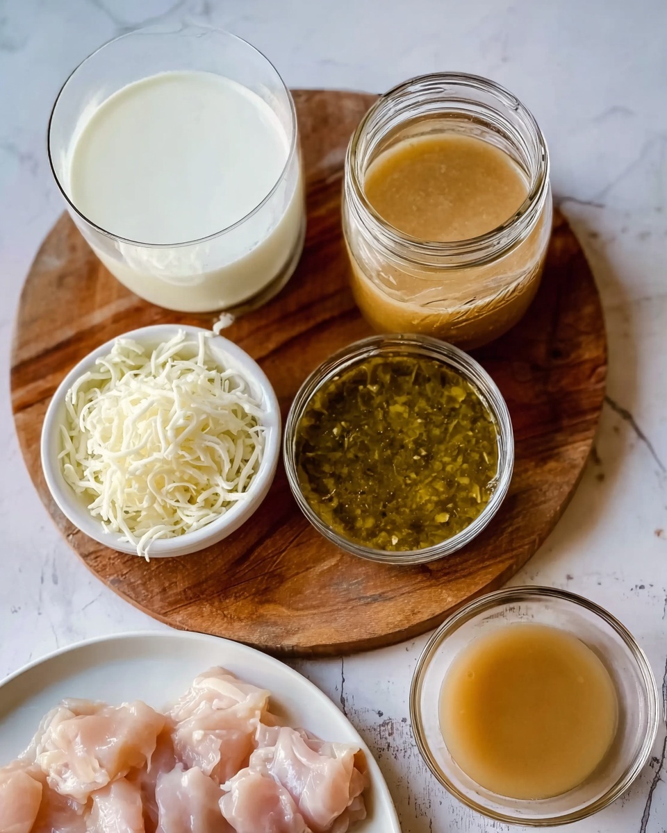 The image shows a wooden round board placed on a white marbled surface, holding four glass and ceramic containers. There is a clear glass filled with white milk, a mason jar with light brown liquid, a small white bowl filled with green salsa, and another small white bowl heaped with shredded white cheese. Below the board, a white plate holds raw light pink chicken pieces, and a clear glass bowl contains a light brown sauce. The photo taken with an iphone --ar 4:5 --v 7