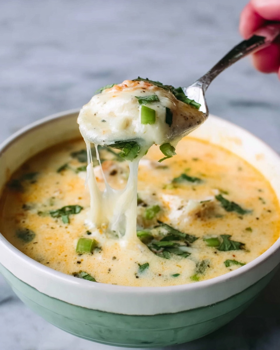 A close-up shot of a spoon lifted by a woman's hand from a white bowl filled with creamy soup. The soup has a light yellow color base with melted white cheese stretching from the spoon to the bowl. Green herbs and small vegetable pieces float on the surface of the soup, adding bits of fresh green color. The bowl rests on a white marbled surface, and the lighting highlights the smooth and creamy texture of the dish. photo taken with an iphone --ar 4:5 --v 7