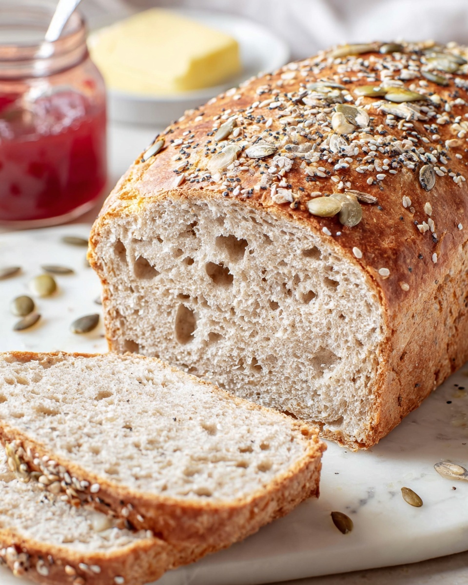 A close-up of a loaf of multi-seed bread with a light brown crust covered in sesame seeds, sunflower seeds, and pumpkin seeds, placed on white marbled surface with some seeds scattered around. In front, a single thick slice of bread shows a soft, slightly speckled, dense inside. The slice is spread with a creamy layer of butter, topped with a bright red, textured raspberry jam. A silver knife held by a woman's hand is spreading the jam smoothly on the slice. Photo taken with an iphone --ar 4:5 --v 7