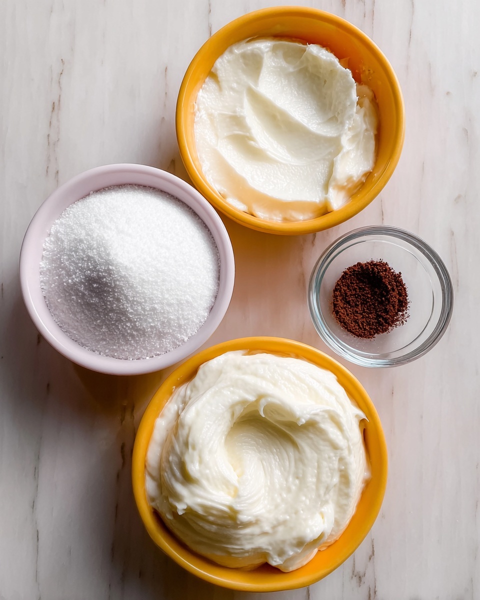 The image shows four small bowls arranged on a white marbled surface. The first bowl is white and filled with white powdered sugar, the second bowl is white and filled with a creamy, smooth off-white substance, the third bowl is white and holds a soft, thick white cream spread in a rough swirl, and the last bowl is clear glass with a small amount of dark brown powder. The bowls are placed closely together in a visually neat layout. Photo taken with an iphone --ar 4:5 --v 7