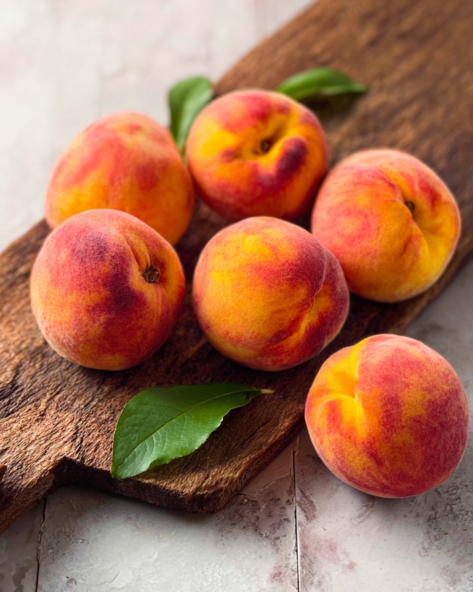 The image shows seven ripe peaches arranged on a wooden board with a rustic texture, placed on a white marbled surface. The peaches have a soft, fuzzy skin with gradient color ranging from deep orange to light yellow and pink spots. One peach is separated from the group and has a single green leaf on top. The lighting highlights the natural texture and round shape of the peaches, making them look fresh and juicy. Photo taken with an iphone --ar 4:5 --v 7