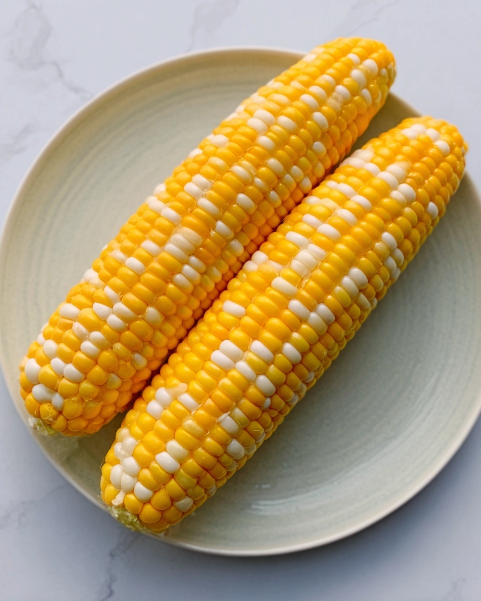 The image shows two whole ears of corn placed side by side on a white plate, each ear covered with bright yellow kernels and some pale yellow-white kernels mixed in, arranged neatly in tight rows. The white plate contrasts with the rich colors of the corn, and the plate is set on a white marbled surface, giving a clean and simple look. The corn appears fresh with a slightly shiny texture on the kernels. Photo taken with an iphone --ar 4:5 --v 7
