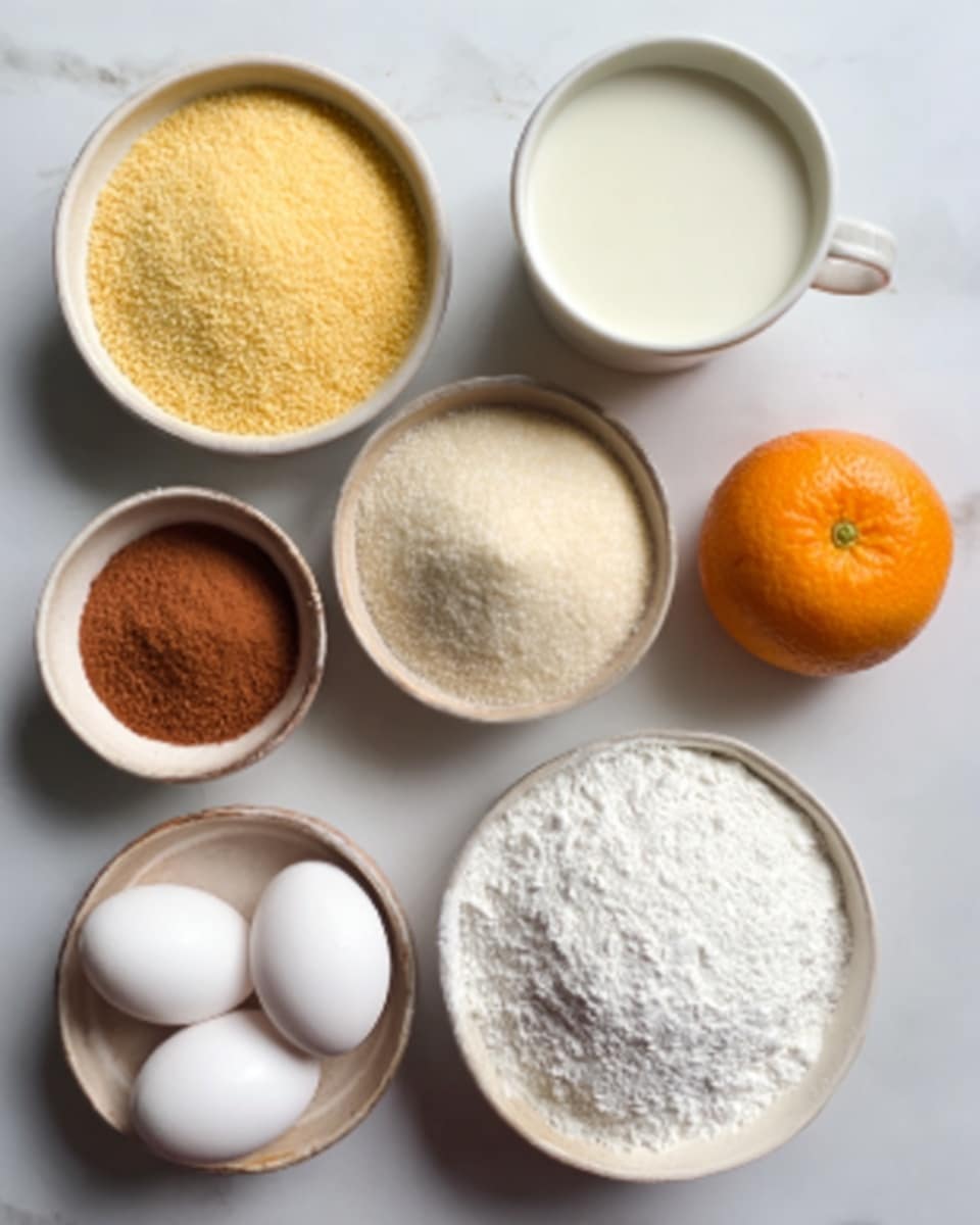 The image shows an overhead view of seven small white bowls and containers arranged on a white marbled surface. From top to bottom, there is a bowl with a coarse yellow grain-like ingredient, a bowl with a fine beige powder, and a bowl filled with white granulated sugar. Next to these, on the right side, there is a white cup filled with milk and a bright orange tangerine placed beside it. At the bottom left, there is a bowl filled with a reddish-brown spice, two white eggs are placed side by side just above it, and on the bottom right is a bowl filled with white powder, likely flour or starch. The colors contrast nicely with the white marbled surface, giving a clean and organized look. Photo taken with an iphone --ar 4:5 --v 7