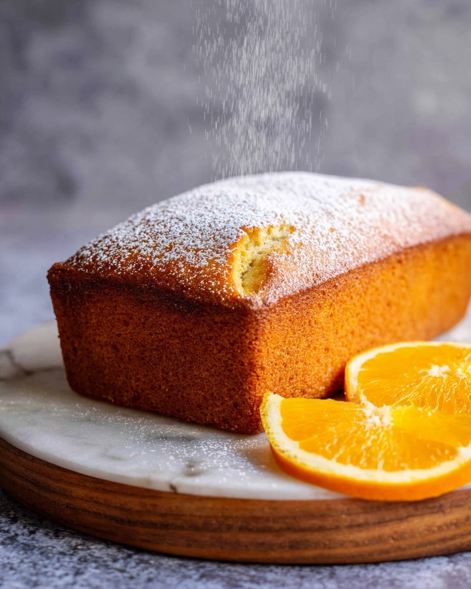 A golden brown rectangular loaf cake sits on a round white marbled plate with a wooden edge. The top of the cake is dusted with a fine layer of powdered sugar falling gently from above, giving a soft white texture on the warm cake surface. To the side of the cake are two bright orange wedges, showing their juicy, vibrant inside. The background is a subtle blurred grayish tone, enhancing the warm colors of the cake and orange slices. Photo taken with an iphone --ar 4:5 --v 7