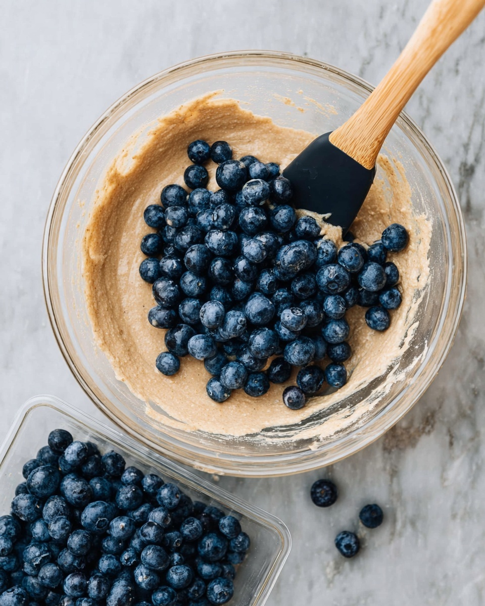 A clear glass bowl sits on a white marbled surface, containing a light brown batter with a smooth texture, partially mixed with a cluster of fresh, deep blue blueberries on top. A wooden spatula with a black silicone tip rests inside the bowl, partially submerged in the batter with some batter on the spatula. Below the bowl, a plastic container filled with the same fresh blueberries is visible, with a few loose blueberries scattered on the white marbled surface. photo taken with an iphone --ar 4:5 --v 7