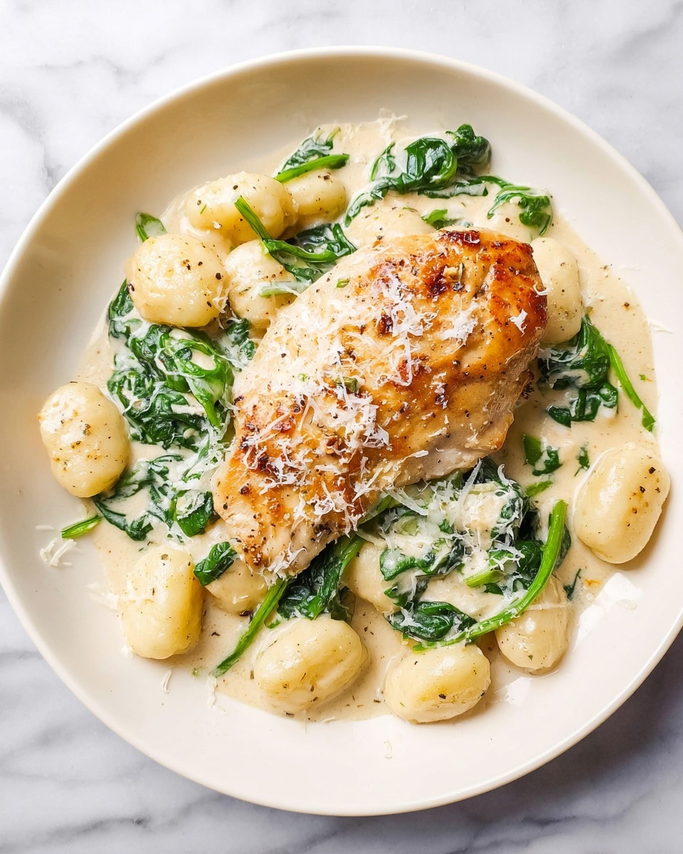 A white plate on a white marbled surface holds a single cooked chicken piece with a golden brown edge and light creamy sauce with green spinach leaves on top. Next to the chicken are small potato gnocchi covered in the same creamy light sauce with spinach mixed in. The whole dish is garnished with finely grated white cheese scattered over the chicken, gnocchi, and plate edges. photo taken with an iphone --ar 4:5 --v 7