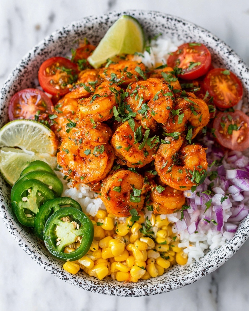 The image shows a white bowl with a speckled black pattern filled with a colorful shrimp bowl. The bottom layer is white rice spread evenly inside the bowl. On top of the rice, there are sliced green jalapeño rings spread around the center, with bright yellow corn kernels on the lower left side. Cherry tomato halves in a vibrant red color are scattered mostly on the upper left and lower right sides. There are also small diced pieces of purple onion near the corn and tomatoes. The centerpiece is a heap of orange-red seasoned shrimp, garnished with chopped green herbs, piled high in the middle. A fresh lime wedge rests on the left side of the bowl, leaning against the shrimp. The bowl sits on a white marbled surface. photo taken with an iphone --ar 4:5 --v 7
