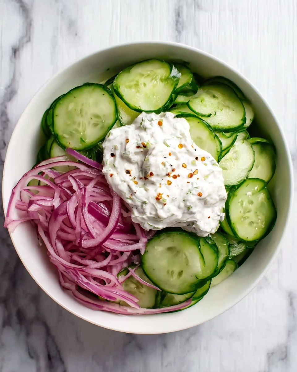A white bowl filled with three main layers: thinly sliced green cucumbers covering most of the bowl, a small pile of thin, long, curved red onion slices on one side, and a dollop of thick, white creamy sauce with small black and orange specks placed in the center. The bowl sits on a white marbled surface. photo taken with an iphone --ar 4:5 --v 7