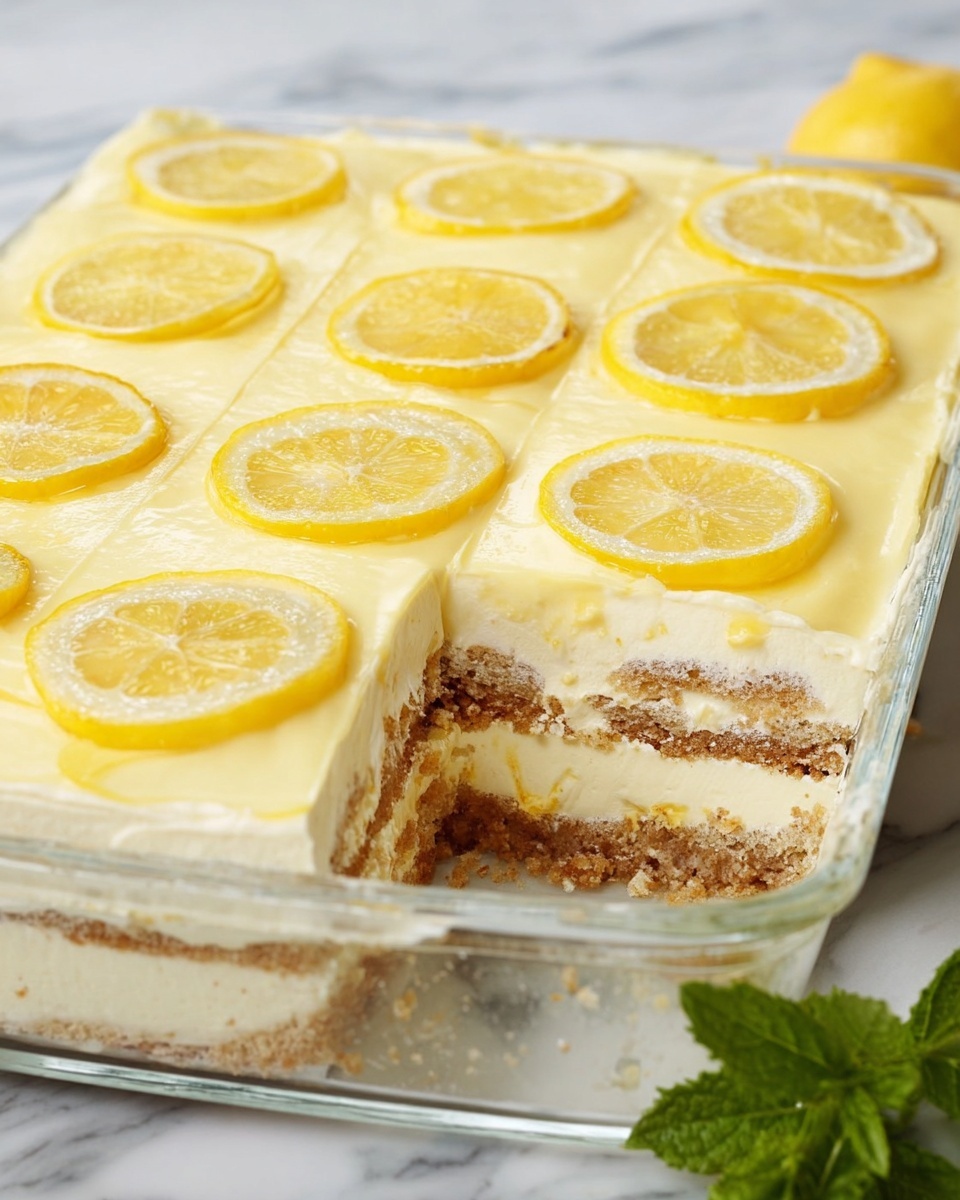 The image shows a layered lemon dessert in a clear glass rectangular dish, placed on a white marbled surface. The dessert has four visible layers: the bottom and middle layers are light brown, crumbly biscuit layers, appearing slightly soaked; alternating with two thick creamy layers of pale yellow lemon-flavored filling that look smooth and rich. The top layer is a smooth, light yellow cream, neatly spread, and decorated with evenly spaced thin lemon slices covering the entire surface. One portion is removed, revealing the cross-section of all layers clearly. There is a small bunch of green mint leaves in the background on the right side. Photo taken with an iphone --ar 4:5 --v 7