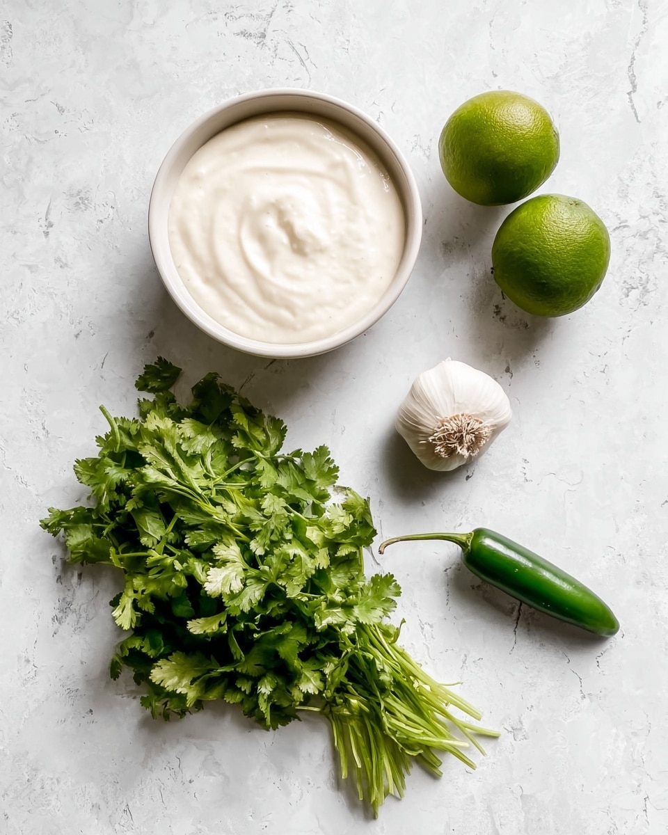 A white bowl filled with smooth, creamy white sauce sits near two whole green limes on a white marbled surface. Below the limes is a large bunch of fresh green cilantro with leafy texture and stems. To the right of the cilantro is a small whole white garlic bulb, and below that is a single medium-sized bright green chili pepper. The arrangement is simple, clean, and spread out on the white marbled background. photo taken with an iphone --ar 4:5 --v 7