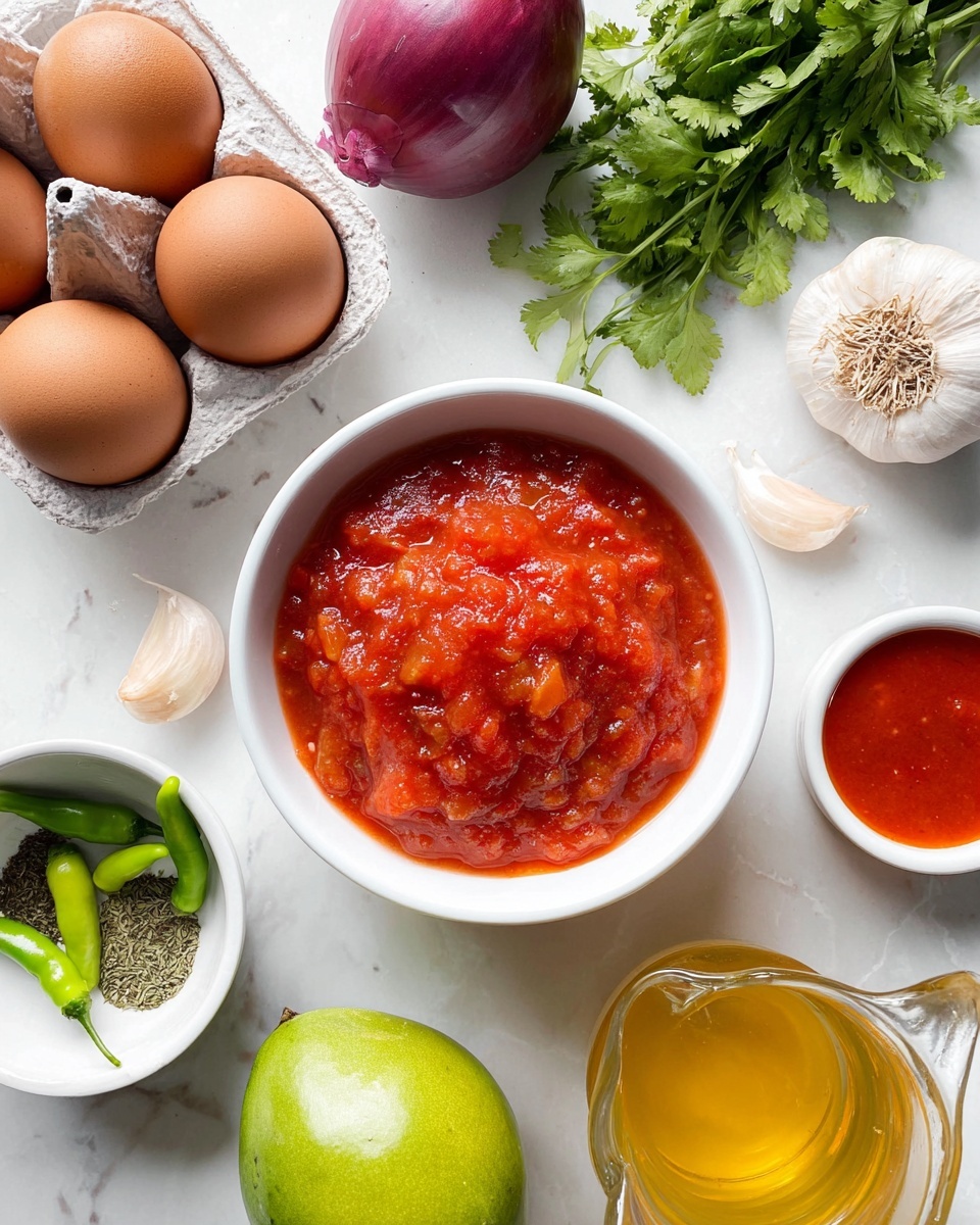Huevos Rancheros Recipe 4 A white bowl filled with chunky, bright red tomato sauce is centered on a white marbled surface. Around the bowl, there is a carton of four brown eggs on the top left, a whole purple onion and fresh green parsley on the top right, a single peeled garlic clove to the right of the onion, and a small white ramekin filled with smooth red chili sauce below the garlic. At the bottom left, a small white bowl holds dried green herbs, surrounded by a cluster of fresh green chilies. To the bottom center, there is a single green avocado with a shiny skin. To the bottom right, two clear glass pitchers hold a golden yellow and a clear liquid, all set on the white marbled surface. Photo taken with an iphone --ar 4:5 --v 7