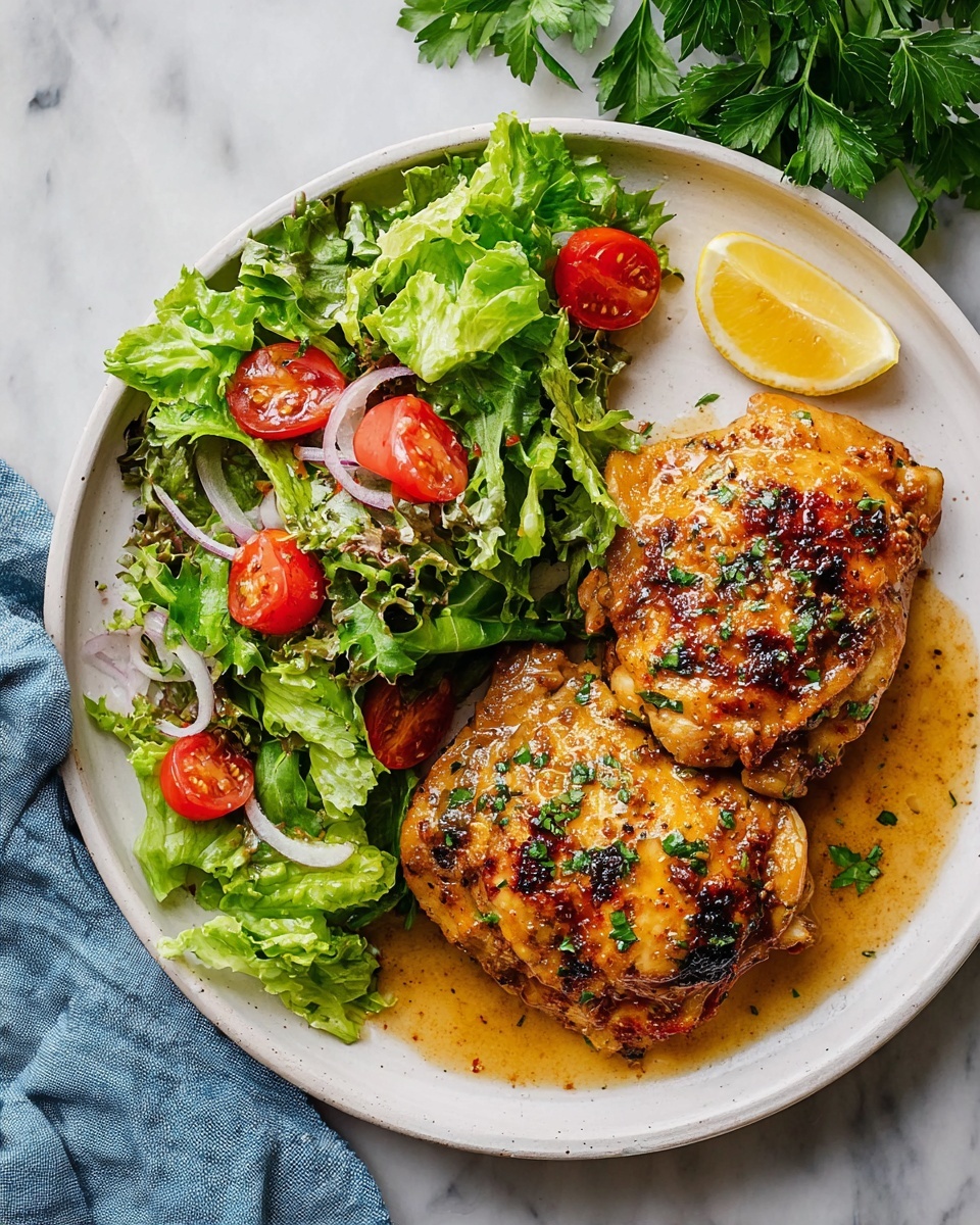 On a large white plate, there are two golden-brown grilled chicken thighs with visible char marks and a sprinkle of green herbs on top, sitting in a small pool of light brown sauce at the bottom. To the side of the chicken, there is a fresh, vibrant salad made of bright green romaine lettuce leaves, halved red cherry tomatoes, and thin white onion slices mixed in. A thin yellow lemon wedge rests on the right edge of the plate. The plate is placed on a white marbled surface with some green parsley leaves visible at the top right corner and a soft blue cloth partially under the plate on the left side. Photo taken with an iphone --ar 4:5 --v 7