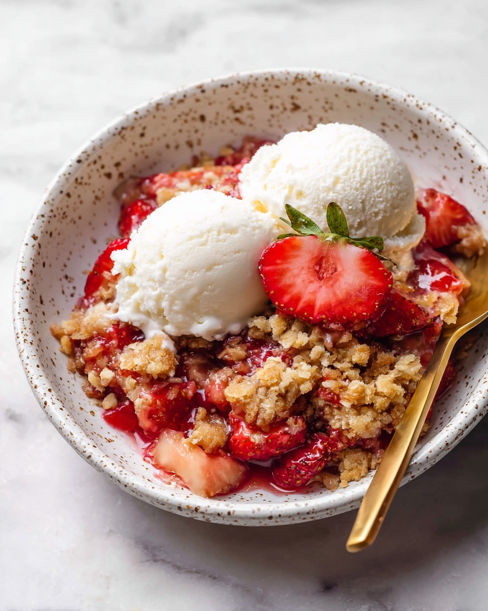 A white speckled bowl contains a vibrant dessert with three scoops of creamy white vanilla ice cream on top. Beneath the ice cream is a mix of soft, juicy red strawberries and a golden brown oat crumble with a crumbly texture. A single bright red strawberry slice rests on the edge of the crumble, adding a fresh touch. A golden spoon lies inside the bowl, partially under the dessert, contrasting with the white marbled surface beneath the bowl. The photo taken with an iphone --ar 4:5 --v 7