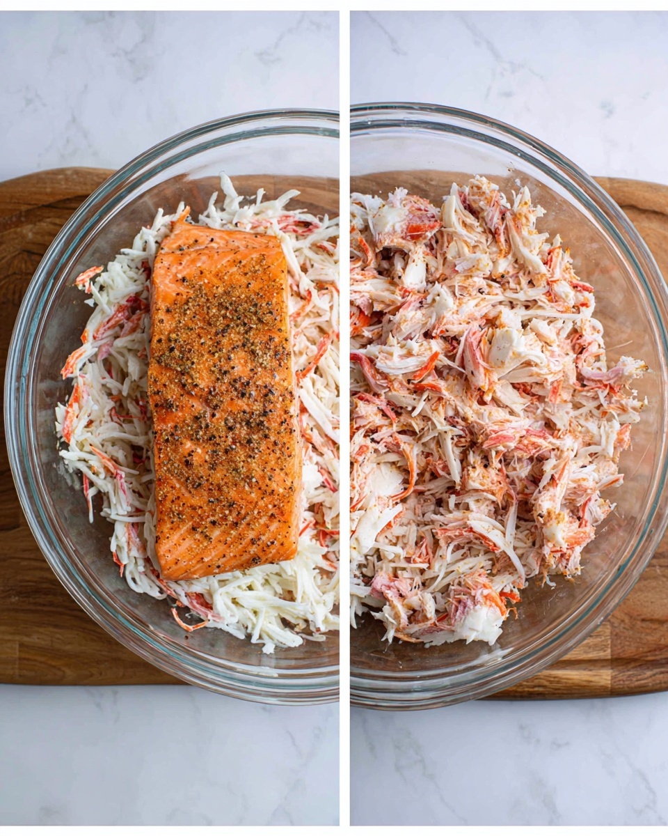 Two images side by side show a clear glass bowl on a white marbled surface. The left image has two layers inside the bowl: the bottom layer is a mix of shredded white and red crab sticks with soft texture, and on top is a thick grilled salmon piece seasoned with black pepper and a slightly crispy orange surface. The right image shows the mixture after the salmon is flaked and combined with the crab sticks, creating a roughly even blend of white, red, and pink pieces with a moist, flaky texture. photo taken with an iphone --ar 4:5 --v 7