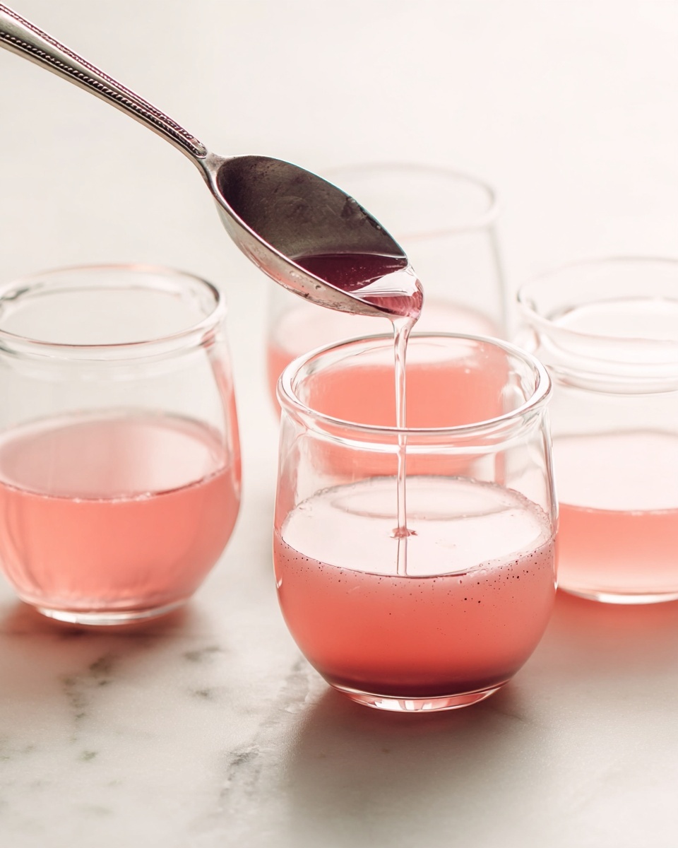 There are four clear glass cups filled with a pink translucent liquid that has tiny dark specks inside. A metal ladle with a long handle is pouring the silky liquid into one of the cups in the front. The cups are on a smooth white marbled surface with soft light from the back making the liquid glow gently. The glass cups show a smooth and rounded rim. Photo taken with an iphone --ar 4:5 --v 7