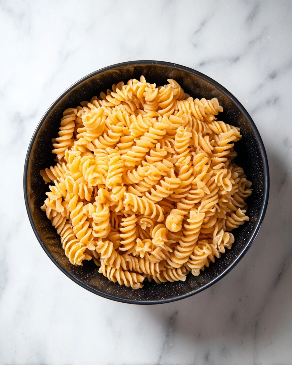 A black bowl filled with one layer of cooked spiral pasta, showing light orange-yellow color and a smooth texture. The bowl sits on a white marbled surface, with no other items visible around it. The pasta spirals fill the bowl evenly, creating a neat and simple presentation. photo taken with an iphone --ar 4:5 --v 7
