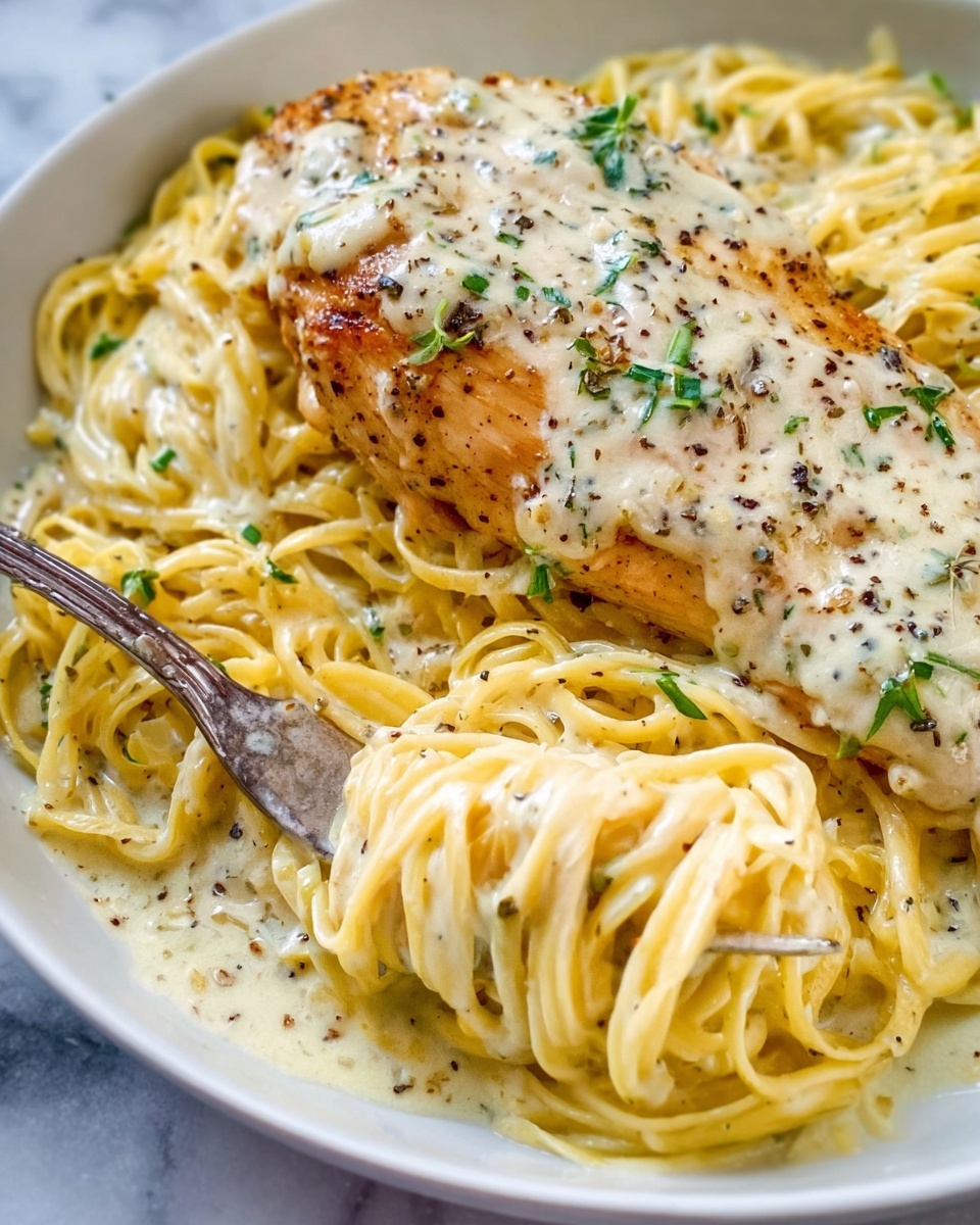 The image shows a white plate filled with creamy pasta and a large piece of chicken on top. The pasta is thin and yellow, coated in a thick white sauce with black pepper specks on it. The chicken piece is golden brown with some sauce on it, sprinkled with black pepper and small green herb bits. The pasta strands are loosely piled with some creamy sauce pooling at the bottom. A fork is placed near a nest of pasta, partially lifting some noodles. The plate is on a white marbled surface. photo taken with an iphone --ar 4:5 --v 7