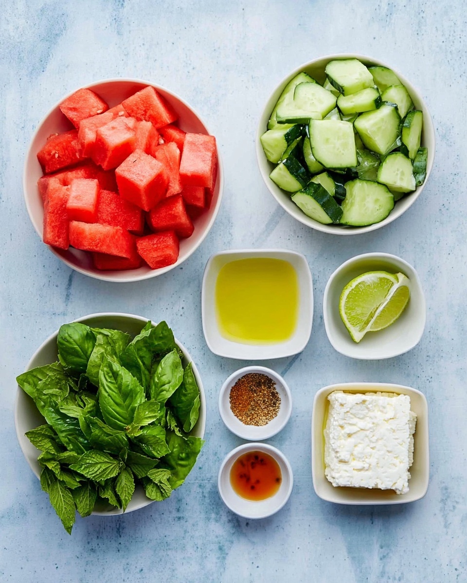 The image shows six small white bowls placed on a white marbled surface. The top left bowl is filled with bright red cubed watermelon pieces, the top right bowl contains chopped green cucumbers with light seeds visible. Between these bowls are three small white square and round dishes holding a half lime, light golden olive oil, and a small amount of reddish-brown sauce. On the bottom row, the left bowl has fresh green leaves of basil and mint stacked loosely, while the bowl next to it holds a white block of feta cheese. The colors are fresh and vibrant with a clean, neat layout. Photo taken with an iphone --ar 4:5 --v 7