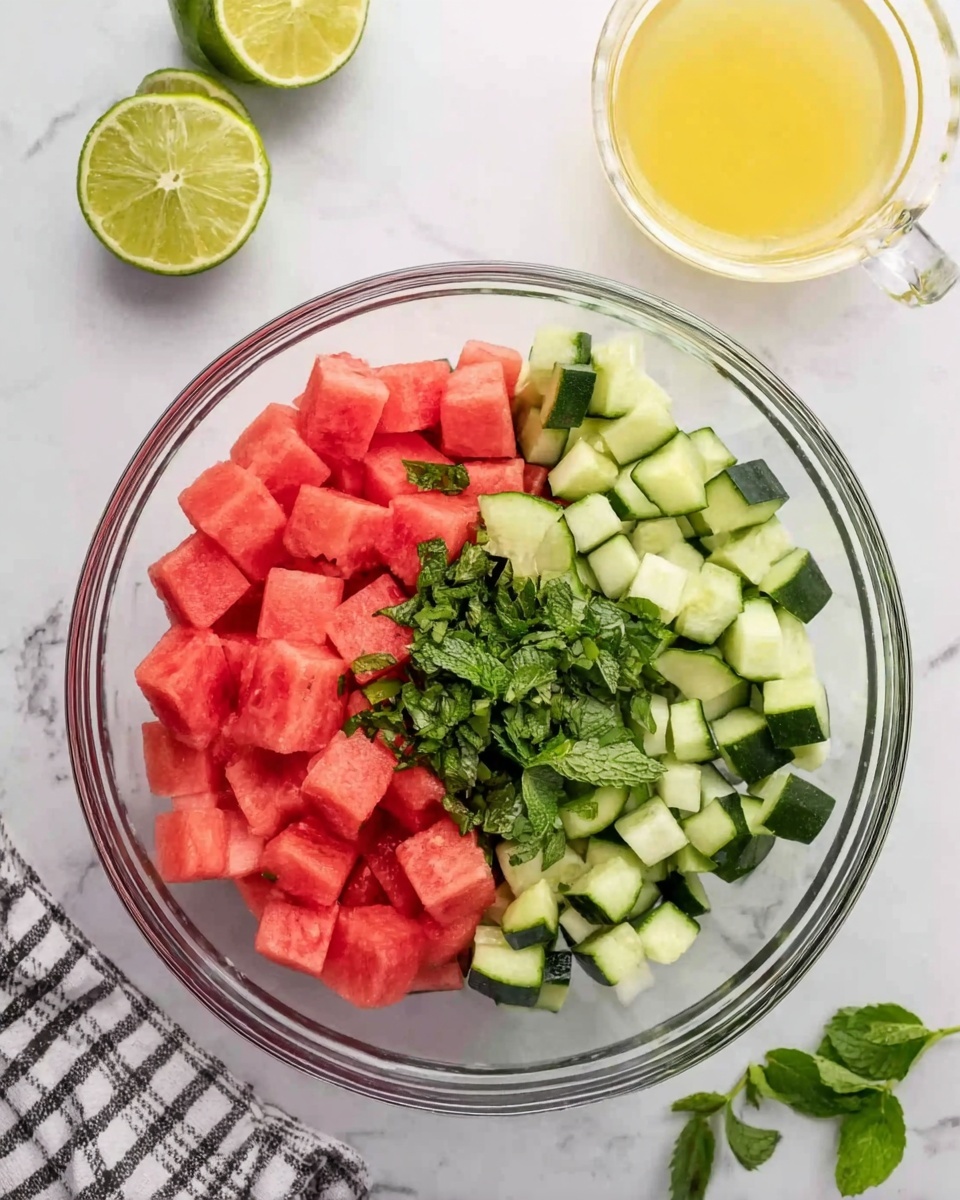A clear glass bowl placed on a white marbled surface contains three layers of chopped ingredients side by side: bright red watermelon cubes on the left, fresh green chopped mint leaves in the center, and pale green diced cucumber with darker green skin on the right. Near the bowl, a checkered cloth is visible at the bottom left, with two lime halves and a small glass bowl filled with yellow liquid at the top right. Small green mint leaves are scattered above the glass bowl. Photo taken with an iphone --ar 4:5 --v 7