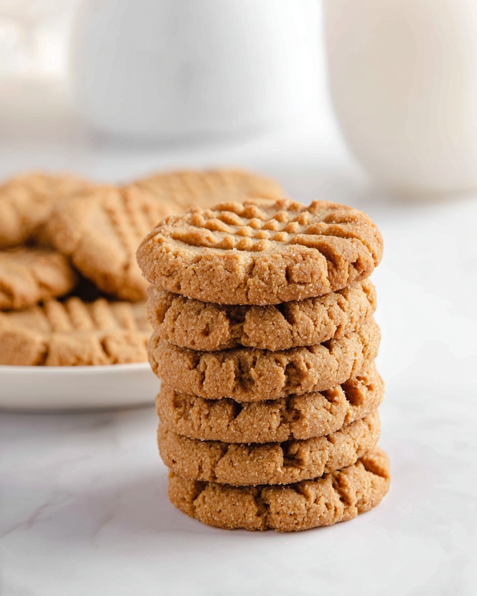 A tall stack of about seven light brown peanut butter cookies with a rough, crumbly texture and a crisscross fork pattern on the top cookie is in the foreground, placed on a white marbled surface. Behind the stack to the left, there is a white plate holding four more cookies spread out, also light brown with the same texture and pattern. The background is blurred with soft white tones and some round white objects visible. photo taken with an iphone --ar 4:5 --v 7
