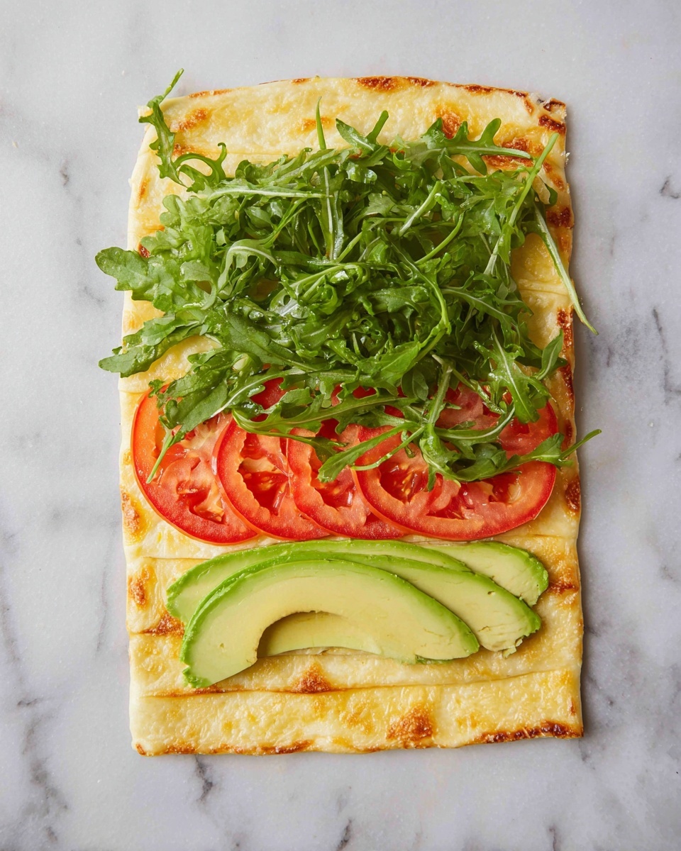 A rectangular flatbread with a light golden brown surface lies flat on a white marbled texture. At the bottom edge, three layers of fresh ingredients are neatly arranged: first, three slices of vibrant red tomato, followed by a layer of smooth, light green avocado slices, and topped with a generous bunch of dark green arugula leaves, adding a fresh, leafy texture. The flatbread has slight browning marks and visible subtle ridges across its surface, providing a soft, cooked look. photo taken with an iphone --ar 4:5 --v 7