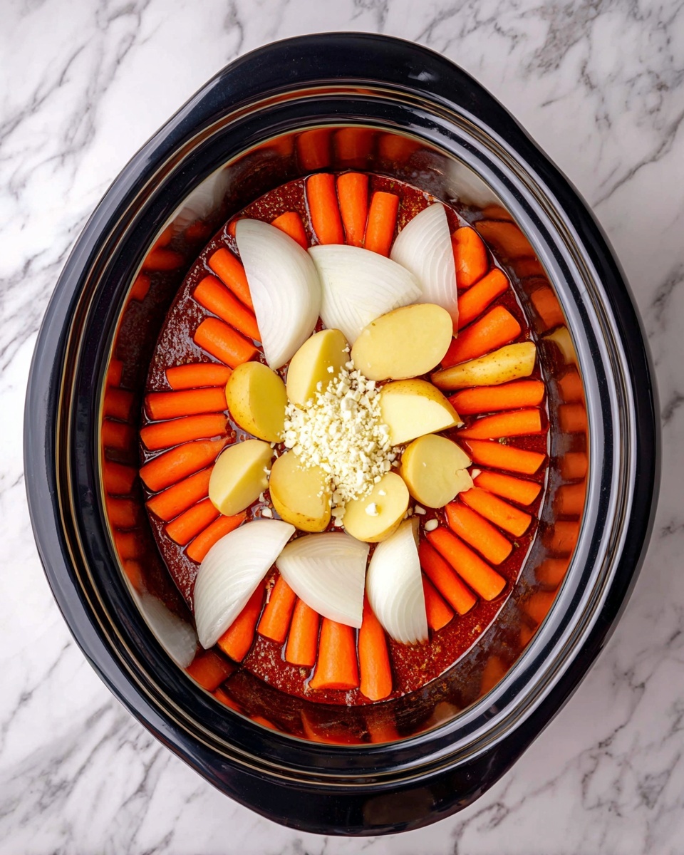 Inside a black oval slow cooker, there is a layer of cut vegetables arranged in a ring shape on top of a dark reddish seasoning base. The vegetables include large white onion wedges placed evenly around the center, bright orange baby carrots filling the spaces between, and small yellow potato halves scattered throughout the mix. In the very center of the cooker, there is a small pile of finely chopped white garlic. The slow cooker sits on a white marbled surface. photo taken with an iphone --ar 4:5 --v 7