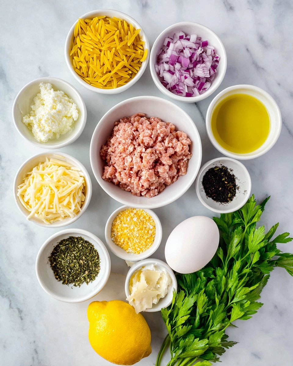 A white bowl in the center holds a layer of light pink ground meat with a soft, stringy texture. Surrounding it are smaller white bowls arranged in a curved line, containing various ingredients: bright yellow orzo pasta, a bowl with golden yellow olive oil, a bowl of small crumbled white cheese, finely diced purple onions, a pile of golden shredded cheese, and a small scoop of light yellow paste. Other small white dishes hold a mix of black and green dried herbs with salt, fine yellow breadcrumbs, and a white liquid. In front of these is a whole bright yellow lemon and a single white egg. Fresh green leafy parsley lays on the white marbled surface behind the bowls. The photo taken with an iphone --ar 4:5 --v 7