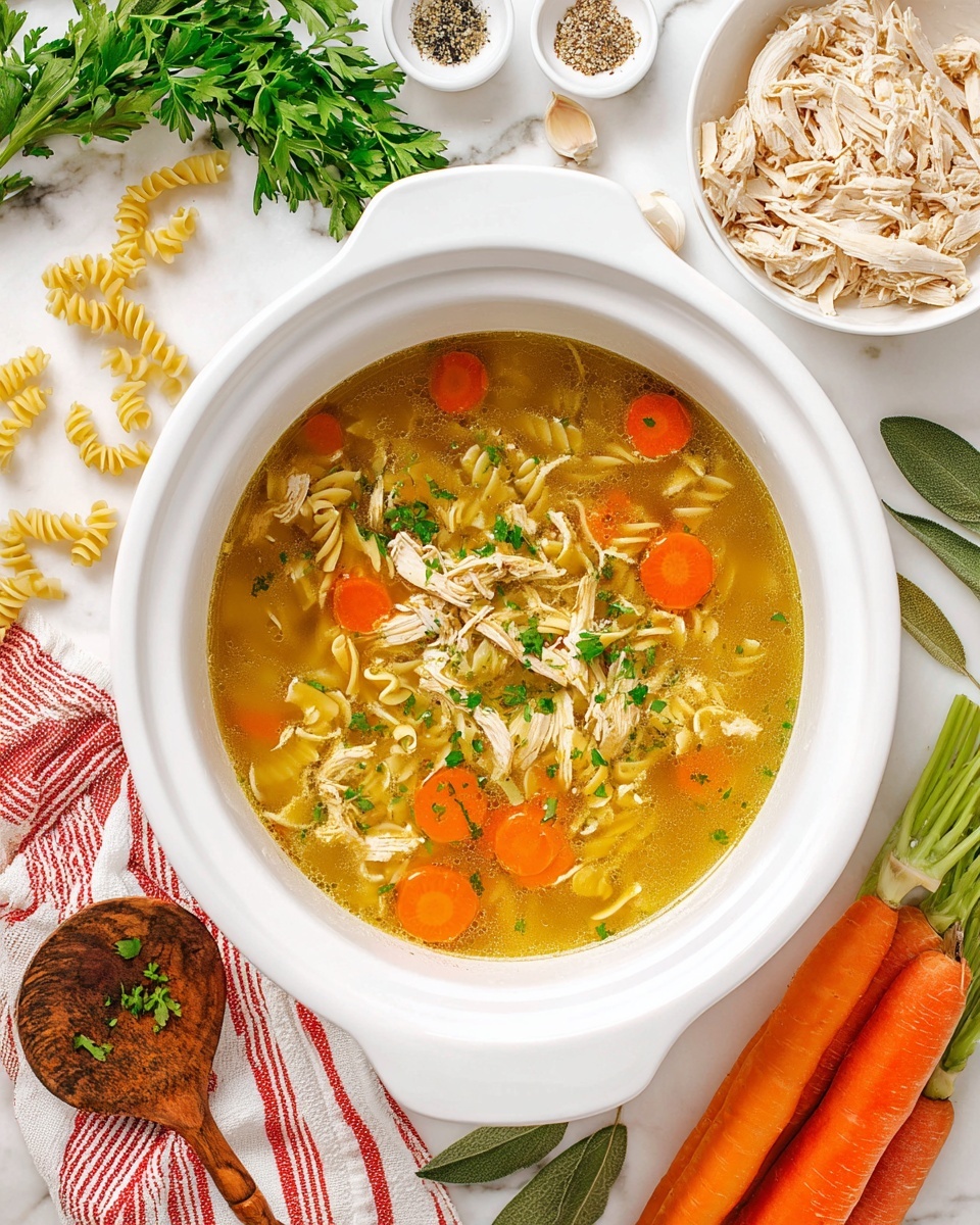 A white bowl filled with chicken noodle soup, showing clear yellow broth with orange carrot slices, shredded light beige chicken pieces, and curly pasta spirals. The soup is garnished with chopped green herbs scattered on top. Surrounding the bowl on a white marbled surface are ingredients including a white bowl of shredded chicken, two whole orange carrots with green tops, stalks of celery, small white dishes of salt and black pepper, fresh green parsley, rosemary sprigs, bay leaves on a white plate, some uncooked curly pasta pieces, and clove garlic. A wooden spoon with a rustic texture lies near the bottom left on a red and white striped cloth. Photo taken with an iphone --ar 4:5 --v 7