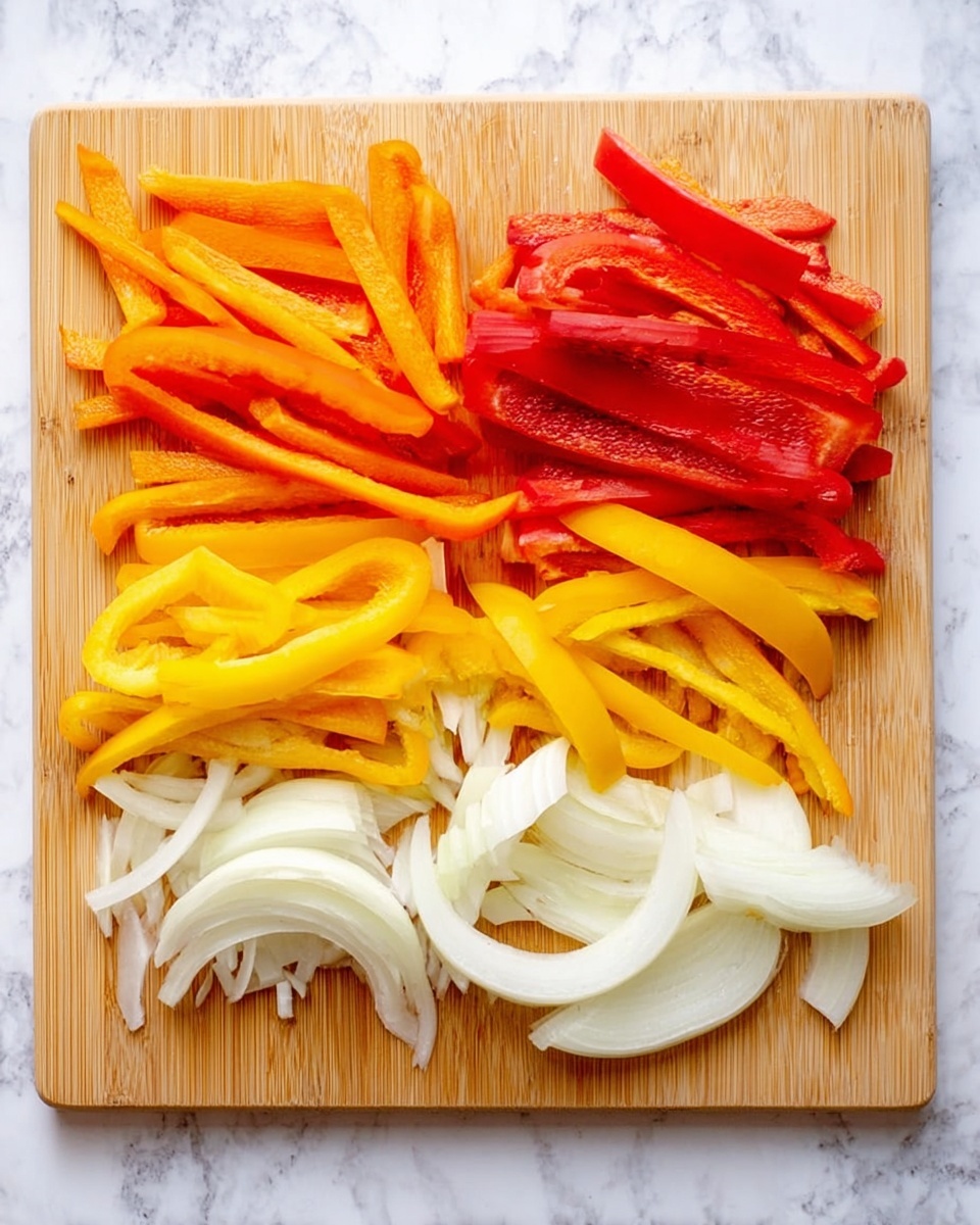 The image shows four groups of sliced vegetables arranged horizontally on a wooden cutting board placed on a white marbled surface. From left to right, there are orange bell pepper strips, bright yellow bell pepper strips, red bell pepper strips, and white onion slices. The onion slices are semi-circular and layered, while the bell peppers are cut into thin, straight pieces. The colors are bright and fresh, and the cutting board has a light wood texture. photo taken with an iphone --ar 4:5 --v 7
